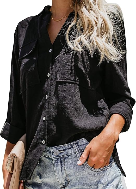 Womens Button Down Work Shirts Fall Long Sleeve Slub Cotton Casual