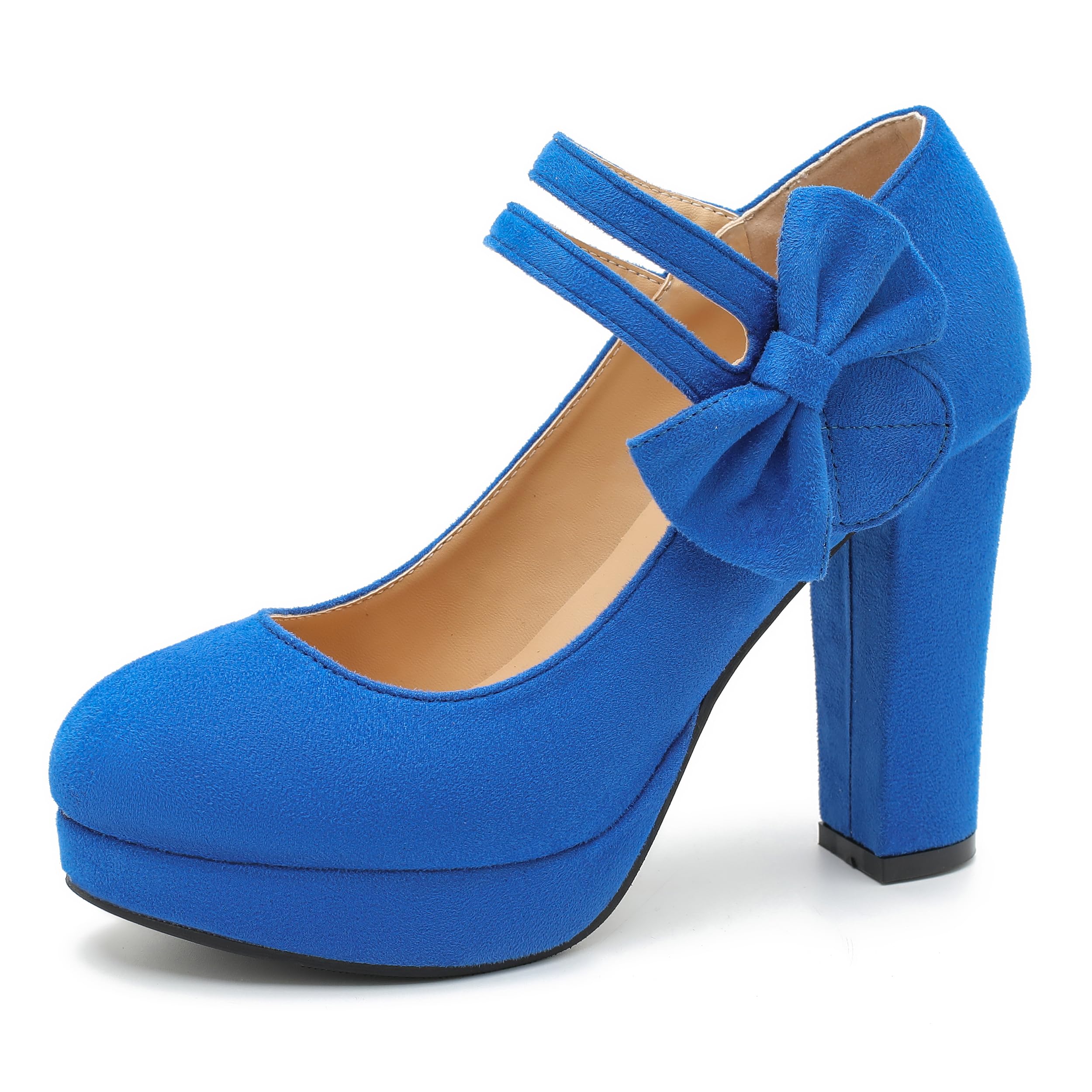 MAIERNISI JESSI Women's Platform Mary Jane Pumps with Bow, 3.94 Inch Block Heel Dress Shoes