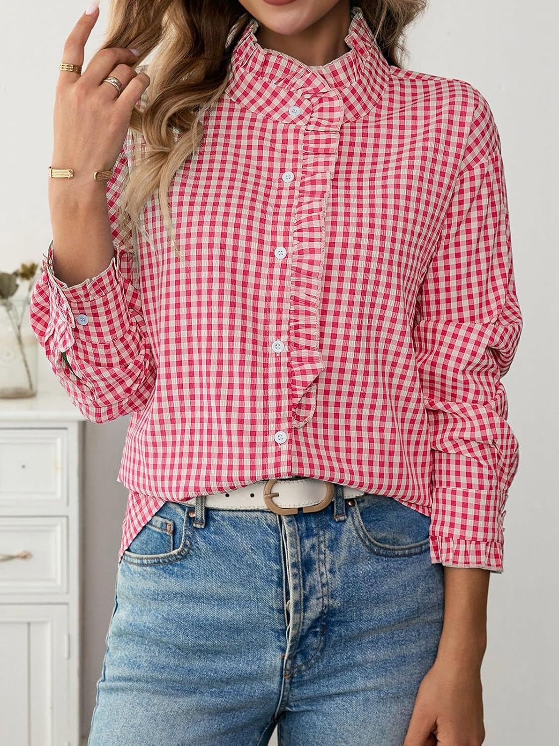 Womens Plaid Ruffle V Neck Button Down Shirt Long Sleeve Gingham Trendy Blouse Business Workwear Checkered Tops - Image 3
