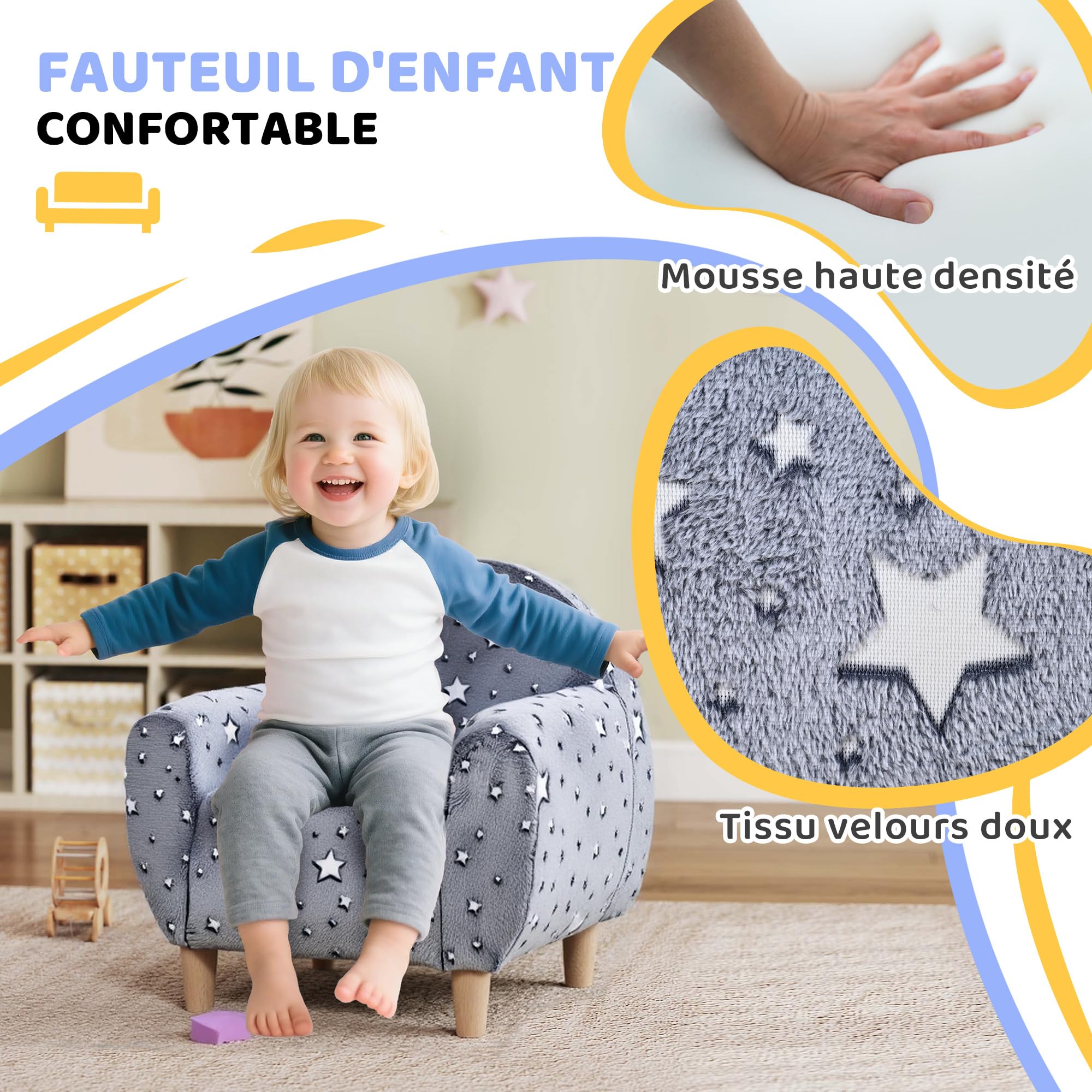 AIYAPLAY Fauteuil Enfants canapé pour Enfants hosphorescent avec Motif étoilé, Mini canapé en Tissu Velours, pour garçons et Filles, Gris