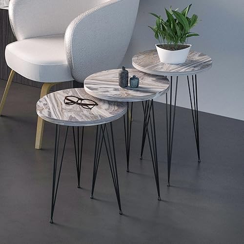 Miniatura 3 de PAK HOME Juego de 3 mesas auxiliares anidables de mármol gris, mesas auxiliares redondas apilables de madera con patas de metal para sala de estar,
