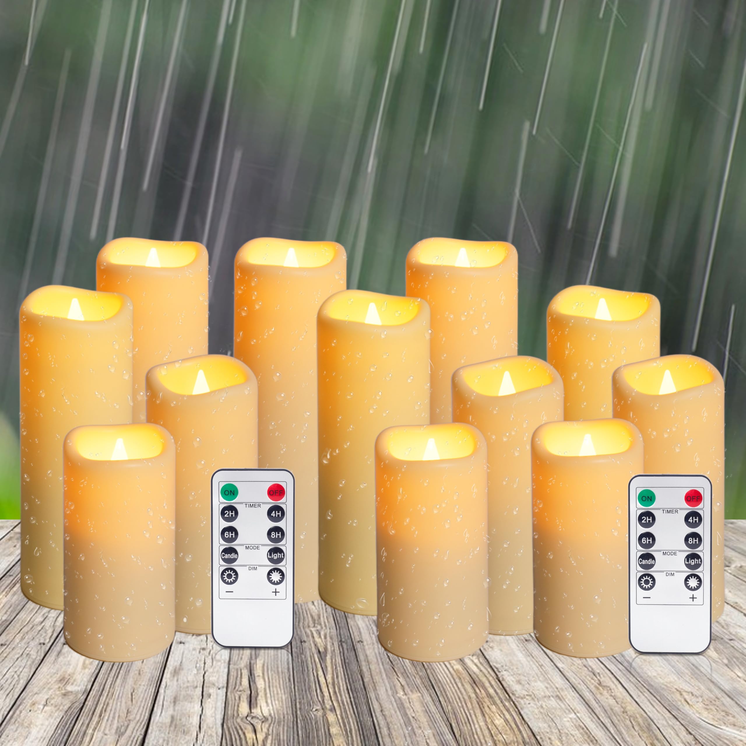 Candele a LED per esterni, con timer, telecomando, senza fiamma, a batteria, impermeabile, funzione timer elettrico, candele a pilastro, colore bianco tremolante, candele in vera cera