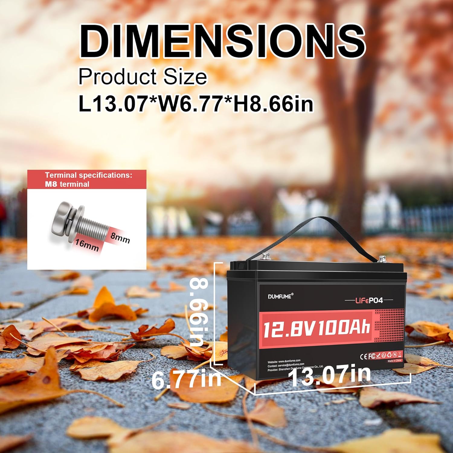 Dimensions of dumfume 12V 100Ah LiFePO4 Battery
