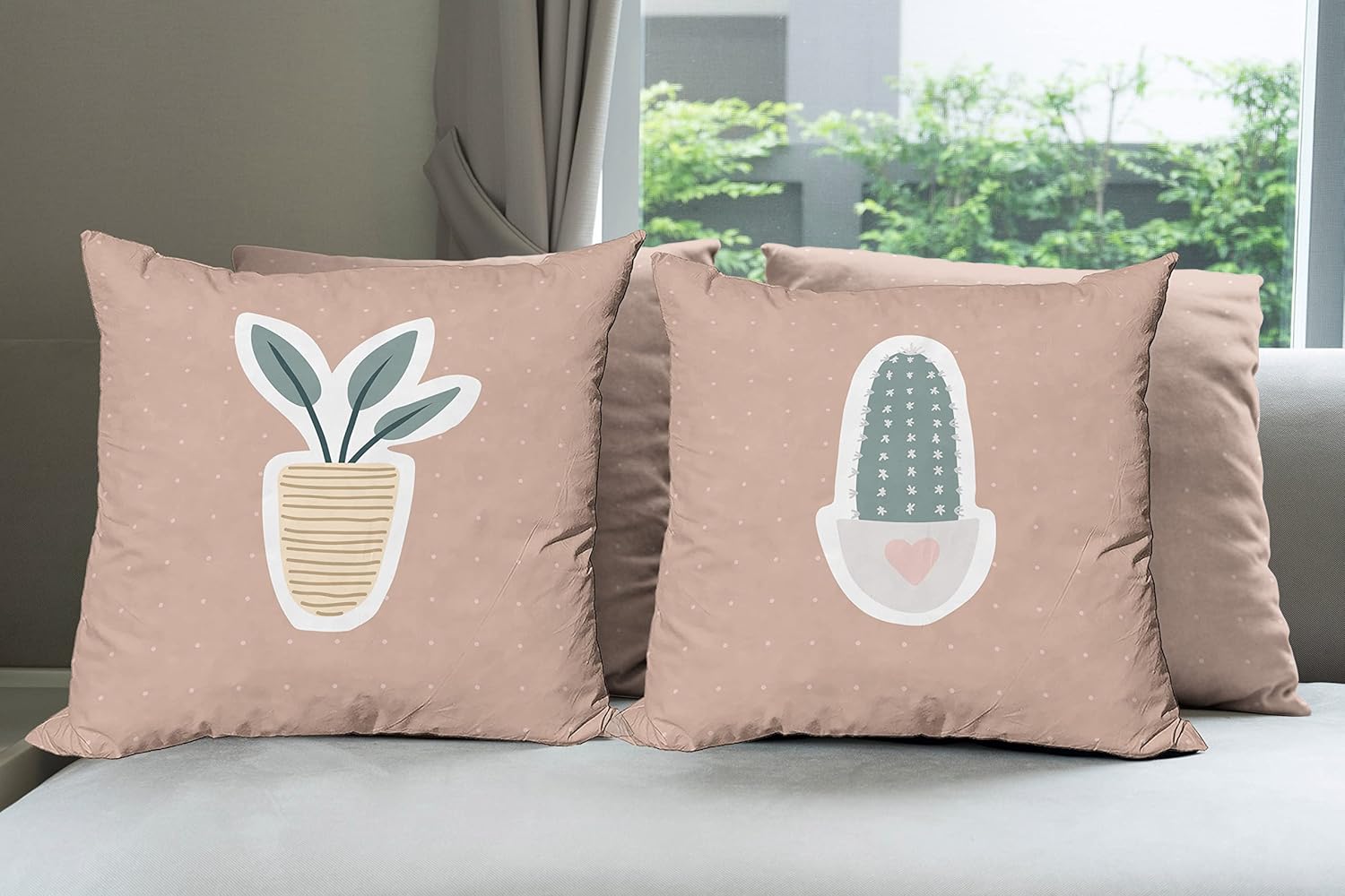 Ambesonne Cactus Throw Pillow Cushion Case Pack of 4, Modern Scandinavian Cacti in Pots on Minimal Polka Dots Art Pattern, Modern Accent Double-Sided Digital Printing, 16", Warm Taupe and Grey Teal