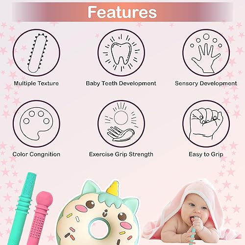Miniatura 3 de Juguete mordedor para bebé, paquete de 4 con 2 tubos de dentición huecos, 1 mordedor de dona, 1 cepillo de limpieza y cepillo de dientes, 100% grado
