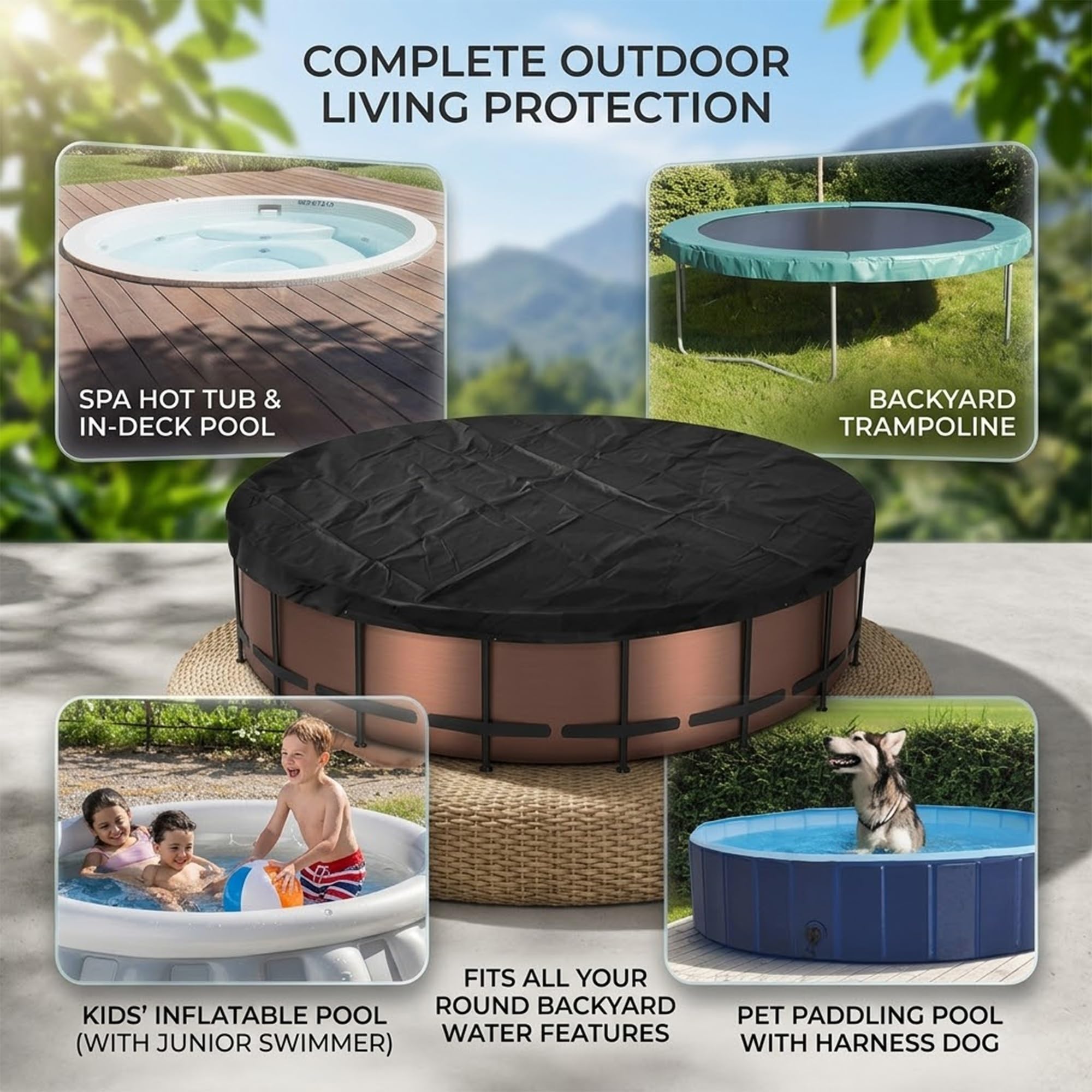 Copertura per Piscina Rotonda Tessuto, Resistente ai Raggi UV Impermeabile Antipolvere, Copertina Protettiva per Piscina Fuori Terra Resistente al Freddo e agli(Black,D 366 x H 20 cm)