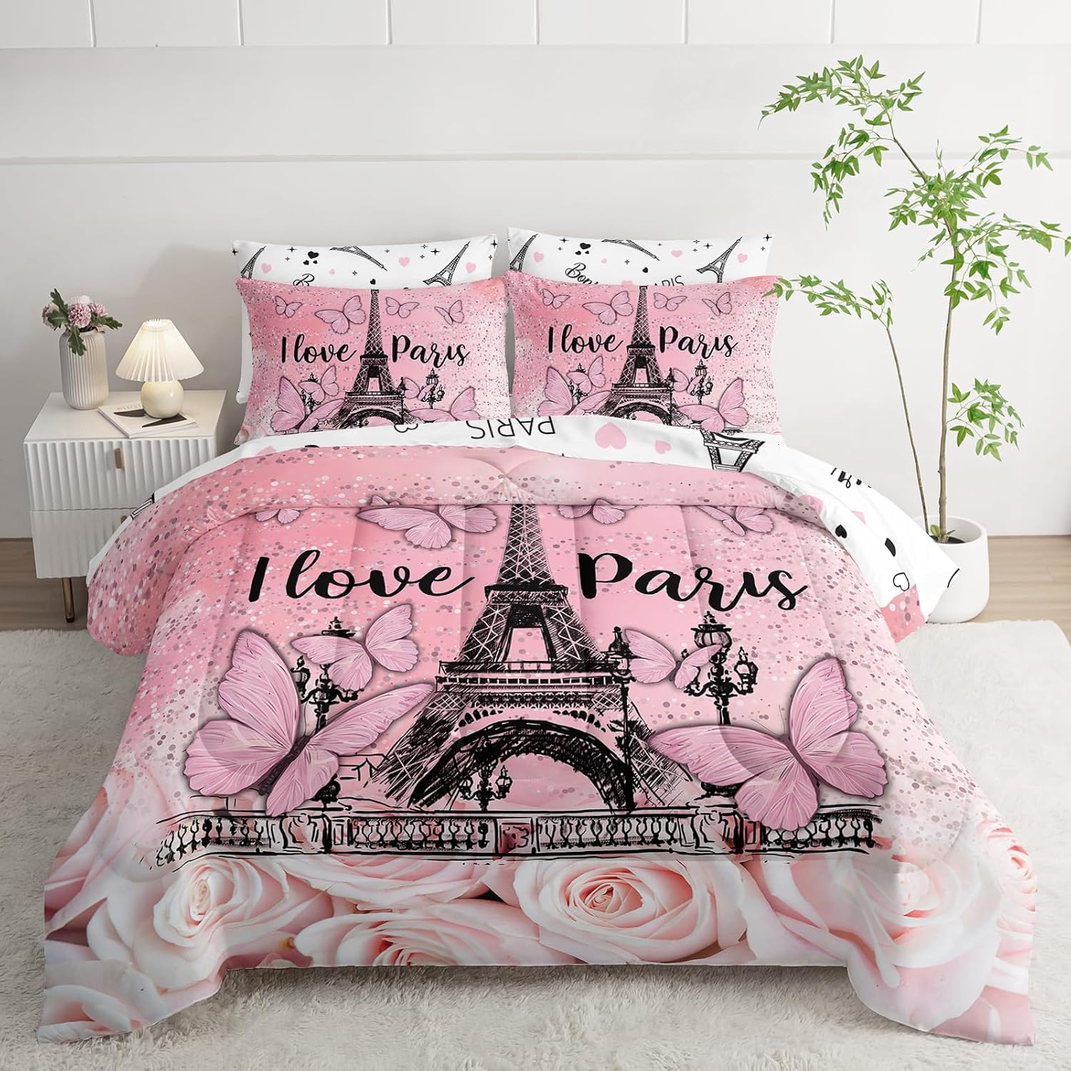 AILONEN Pink Paris Comforter Set Queen Size,7-Piece Soft Bed in a Bag,Butterfly Eiffel Tower Comforter & Fitted Sheet & Flat Sheet & 2 Pillowcases,2 Pillow Shams for Girls Women
