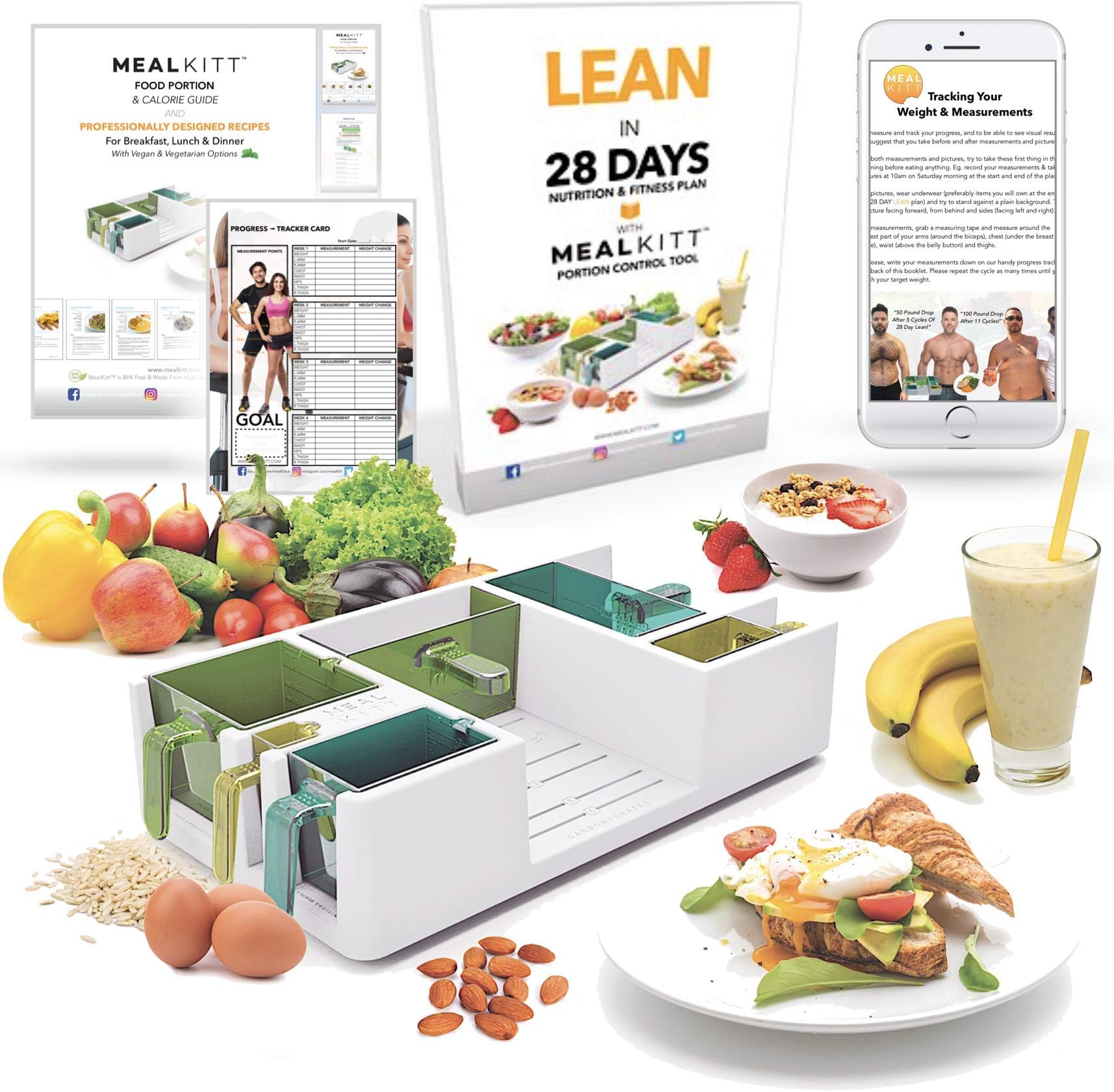 MealKitt Meal prep & portion container It calorie counts for you. Comes with a Recipe Book + Diet Guide. Get healthy and learn about nutrition. Contact us for any support.