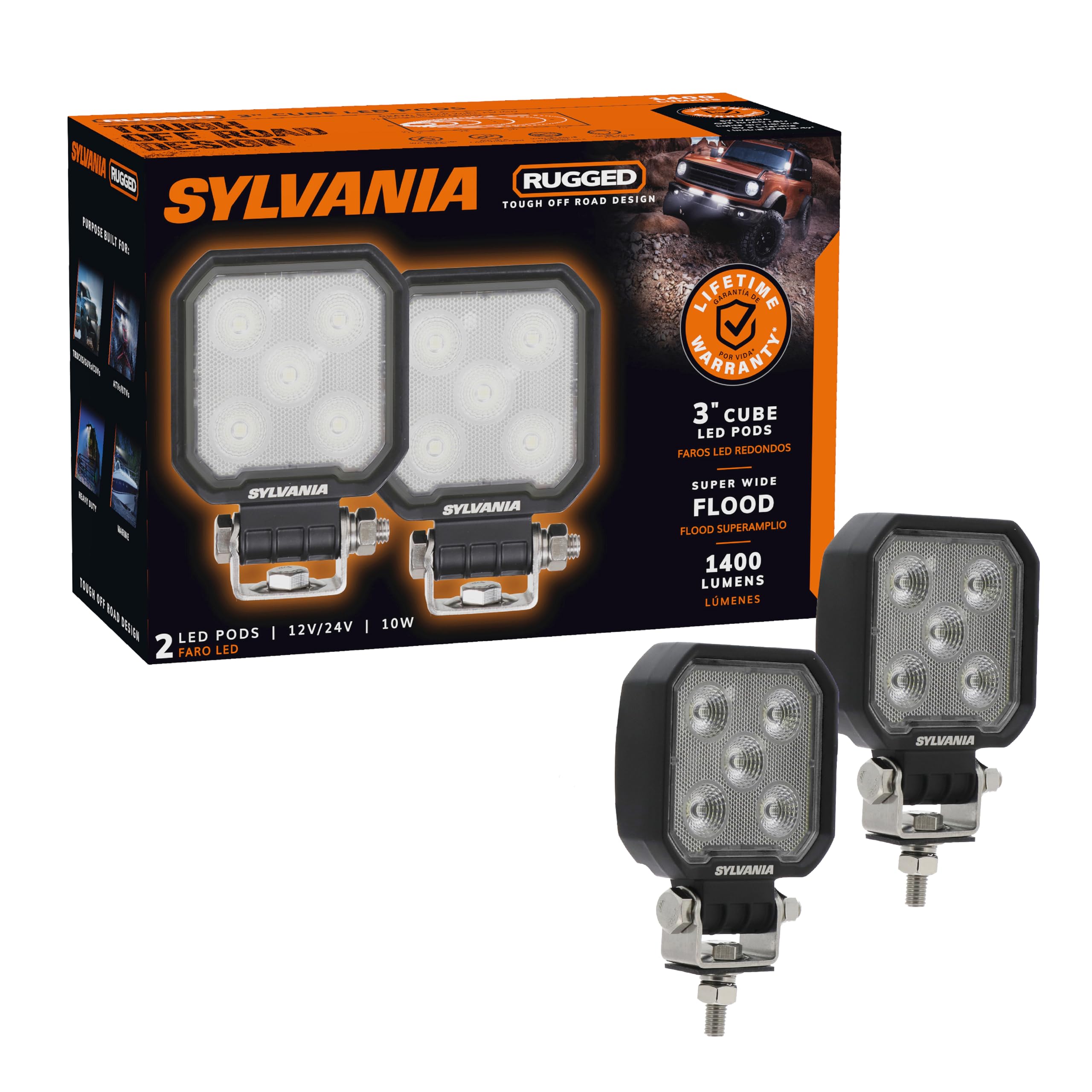 SYLVANIA Rugged 3 Inch Cube LED Light Pods | Lifetime Limited Warranty | Flood Light 1400 Raw Lumens, Off Road Driving Work Light, Truck, Tractor,