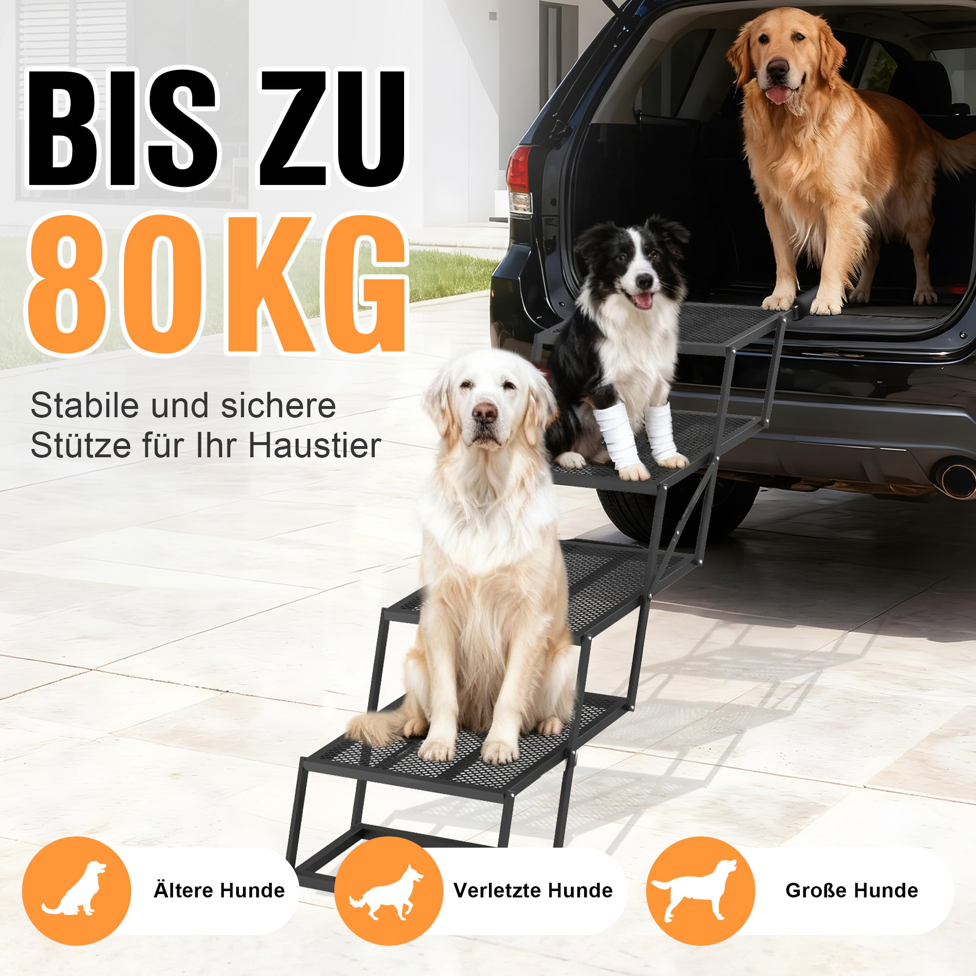 ROTTOGOON Tragbare Haustiertreppe Breite 4-stufige Hunderampe Auto Klappbar | Hundeautotreppe Zusammenklappbare, mit Rutschfester Lochgitterplatte, aus Leichtem Eisen für Auto SUV und LKW