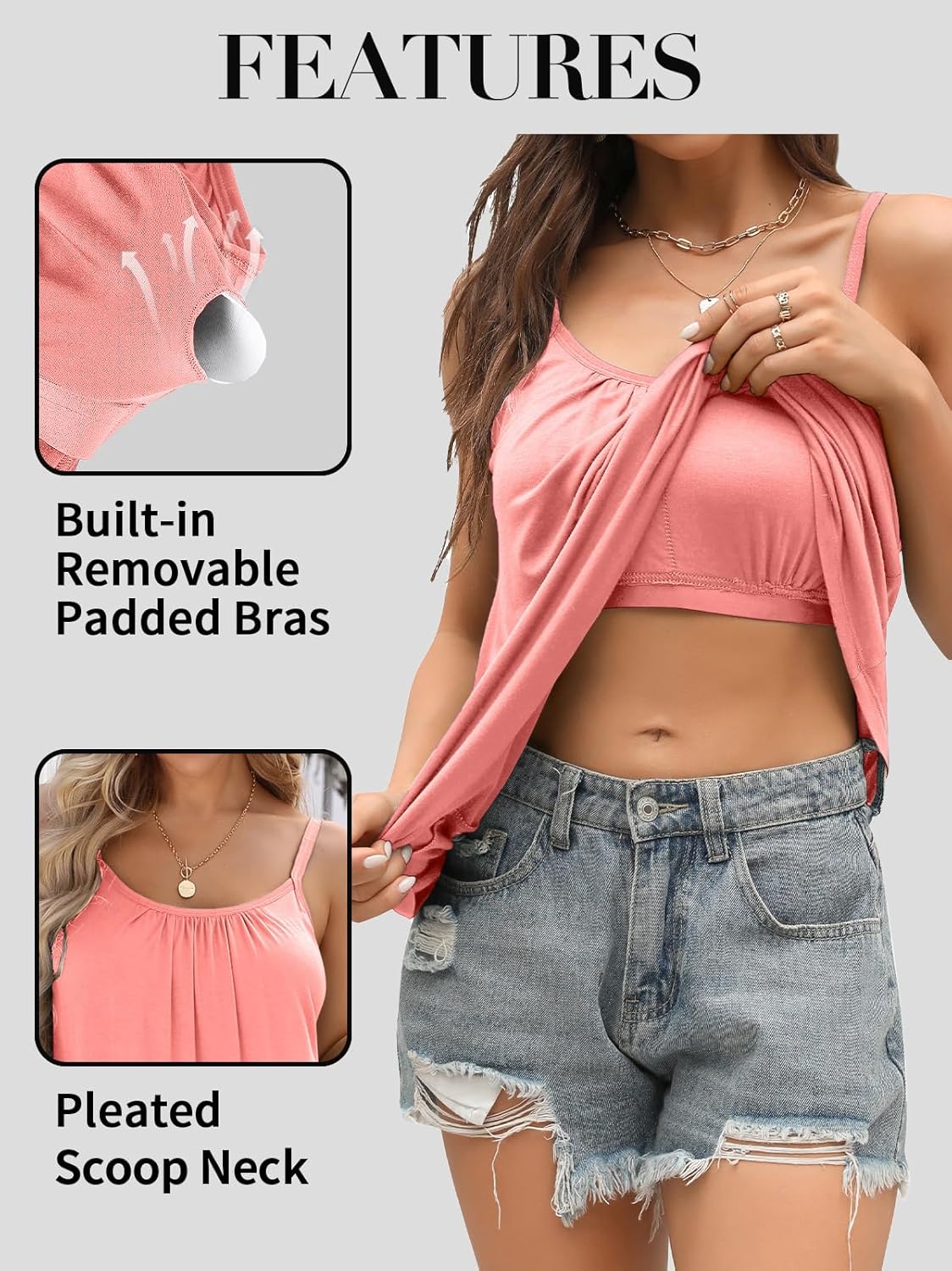 V FOR CITY Women Built-in Bra Camisole Adjustable Strap Tank Top Summer Loose Fit Cami Shirts S-3XL - Image 4