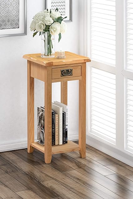 Hallowood Furniture Monchique Oak Tall Console Table with 1 Drawer and Shelf  Solid Wooden Side Table for Living Room & Hallway  Bedside Table Fits in Small Spaces  Telephone & Lamp Stand