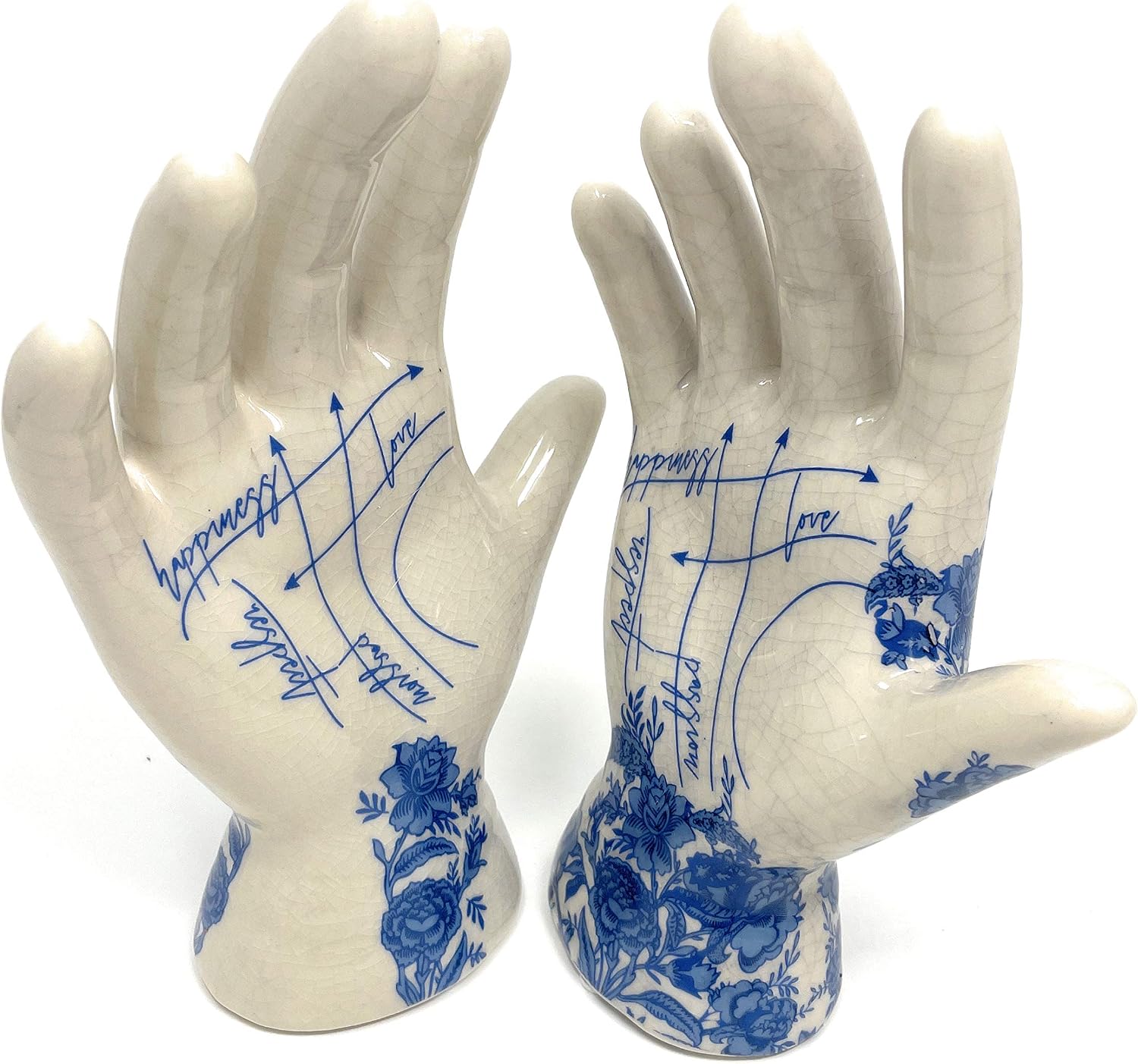 Oak Tree Temerity Jones Pair of Porcelain Willow Phrenology Palmistry Hands Map of the Hand in Blue and White Tattoo Rockabilly Style Set of 2