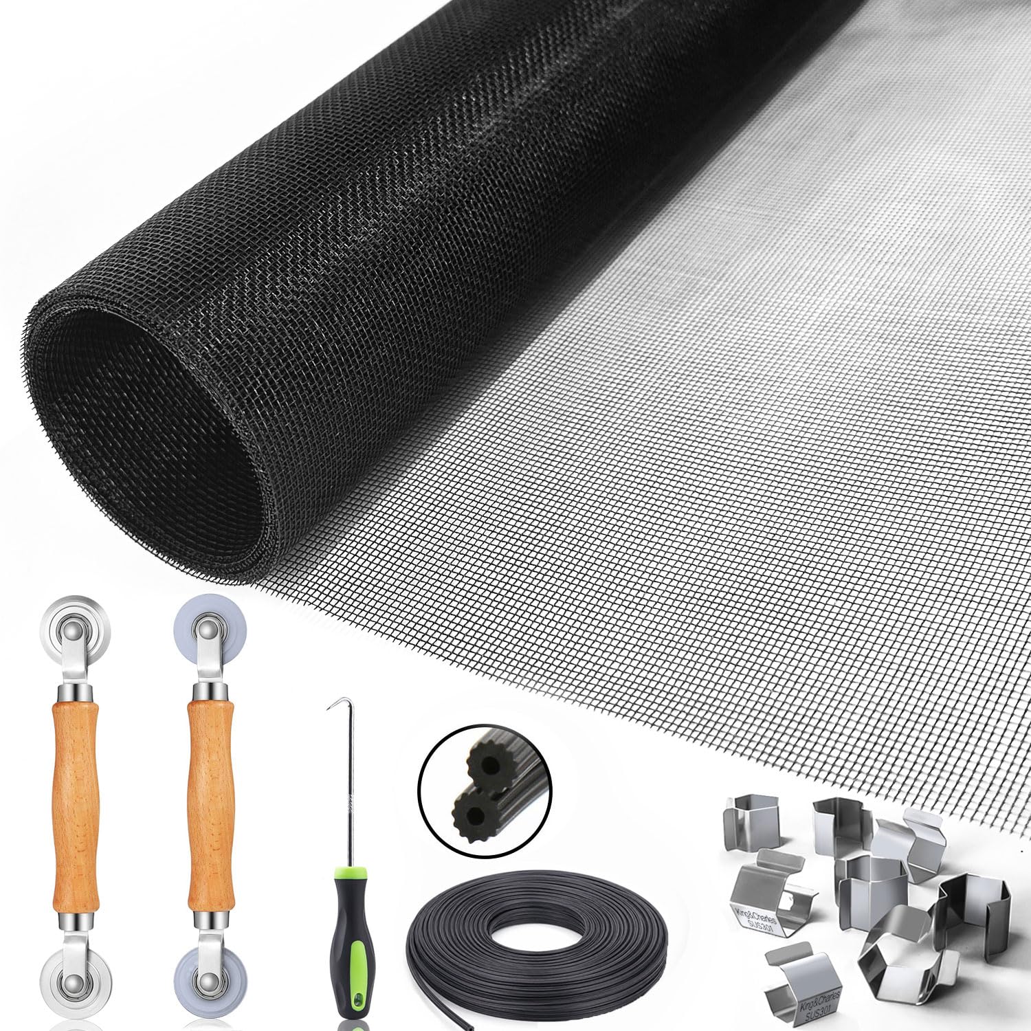 Reparatur-/Ersatz-Set für Fenstertüren, King&Charles beinhaltet schwarzes Fliegengitter, 121,9 x 299,7 cm + 2 Rollen + 15 m Spline, 8 Clips + Haken, 6-in-1-Fenstergitter-Set, Stahl/Nylon-Lagerrolle
