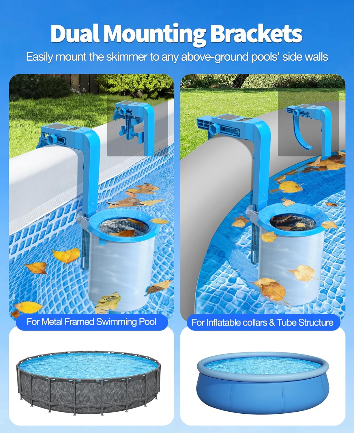 DeeprClean Newly Above Ground Pool Skimmer with Solar Digital Thermometer, Wall Mount Surface Skimmer with Adjustable Height Bracket, Auto Skimming for Pool Surface Floating Leaves & Debris - Blue