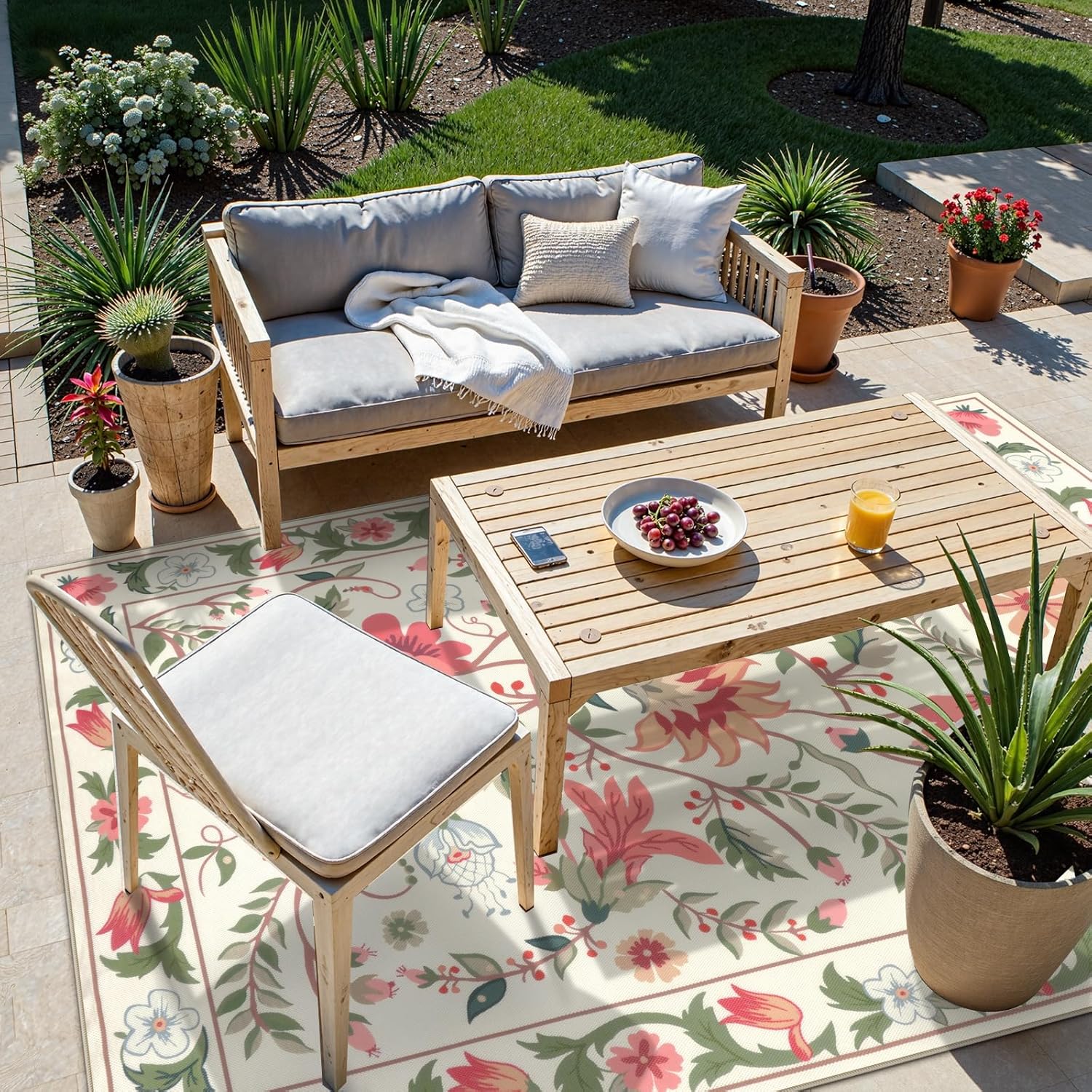 Uphome Indoor Outdoor Area Rug 8x10 ft, Large Floral Patio Rugs for RV Camping Outside, Washable Living Room Mat Non Slip, Breathable Floor Carpet for Bedroom Deck Porch Backyard, Beige