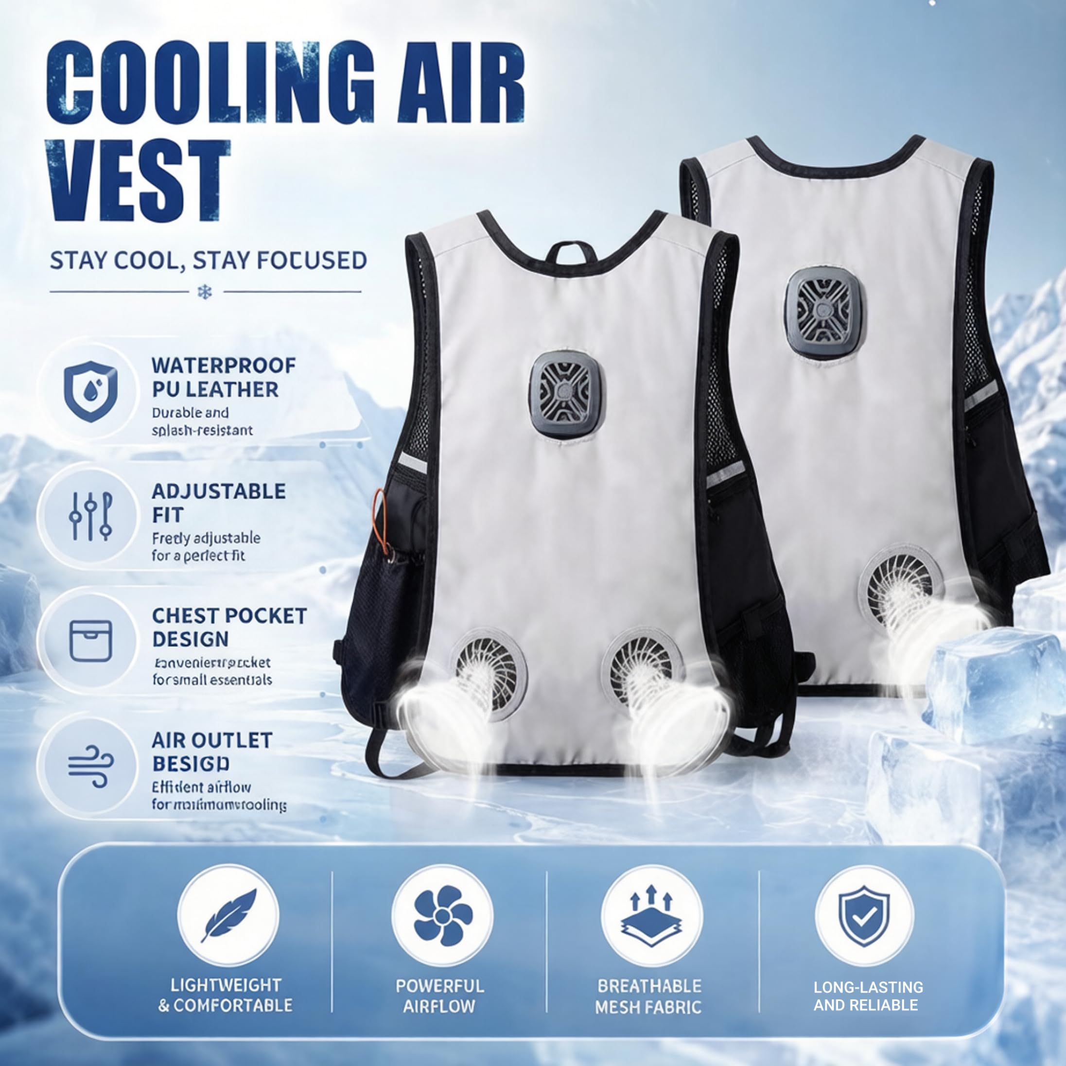 Chaleco de refrigeración, aire acondicionado portátil de 3 niveles para uso en exteriores, chaleco de ventilador doble lavable para mujeres y hombres, talla única.