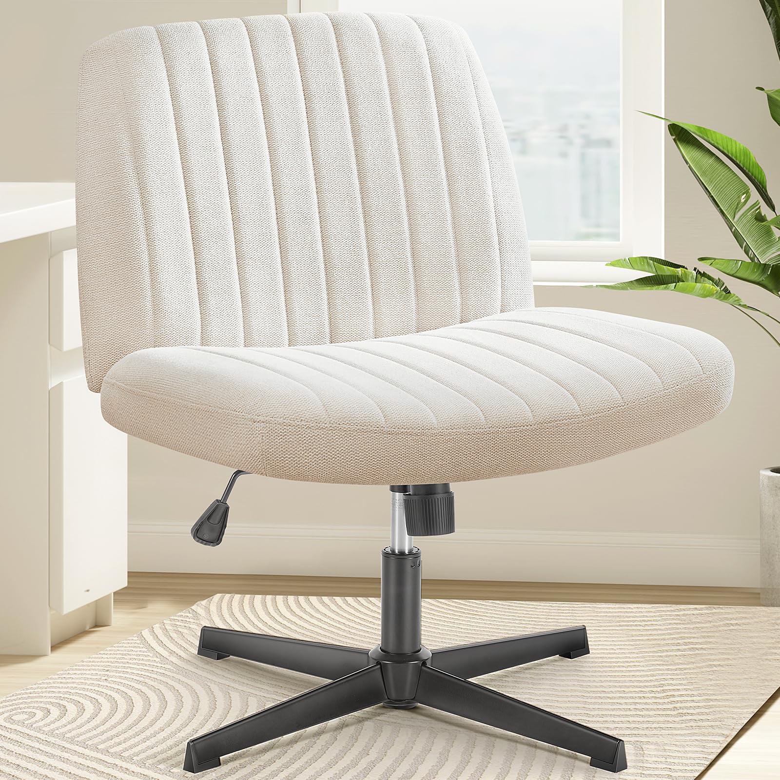 OLIXIS Criss Cross Legged Chairs Armless No Wheels Wide Seat Height Adjustable Swivel Padded Fabric Home Office Desk Chair for Bedroom, Student, Study Room,Beige