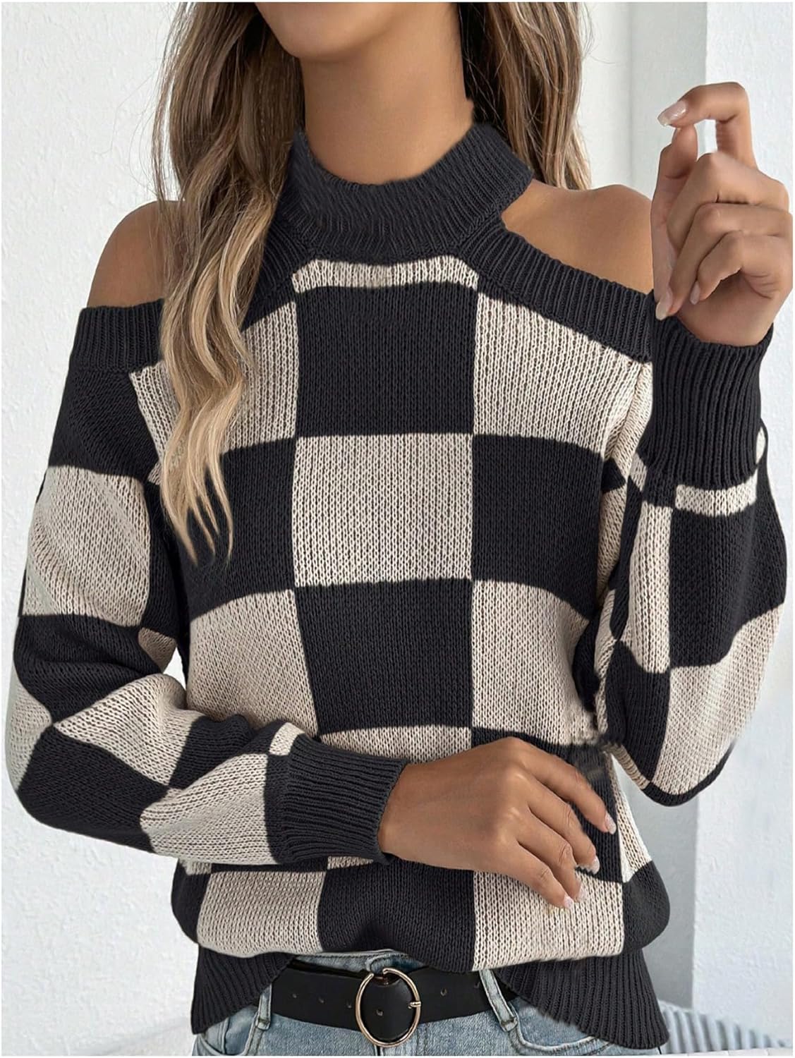 MakeMeChic Women's Plaid Sweater Cold Shoulder Crew Neck Long Sleeve Pullover Tops - Image 4
