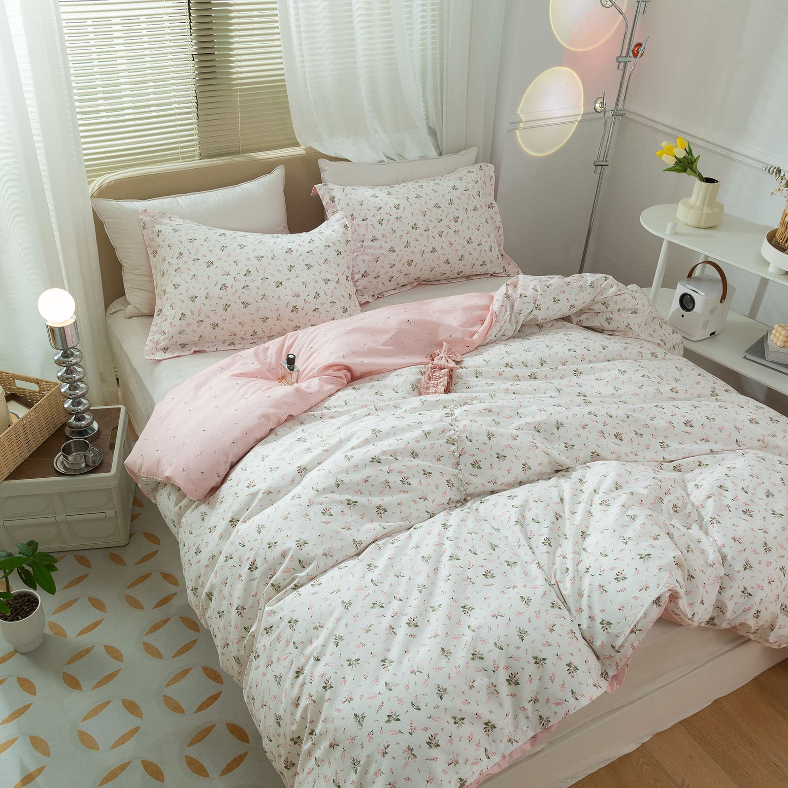 AMWAN Juego de Funda de edredón Floral Rosa tamaño matrimonial de algodón para niños y niñas, edredón Blanco estético botánico Vintage con Lazos de Cremallera, tamaño matrimonial (80 x 90 Pulgadas)