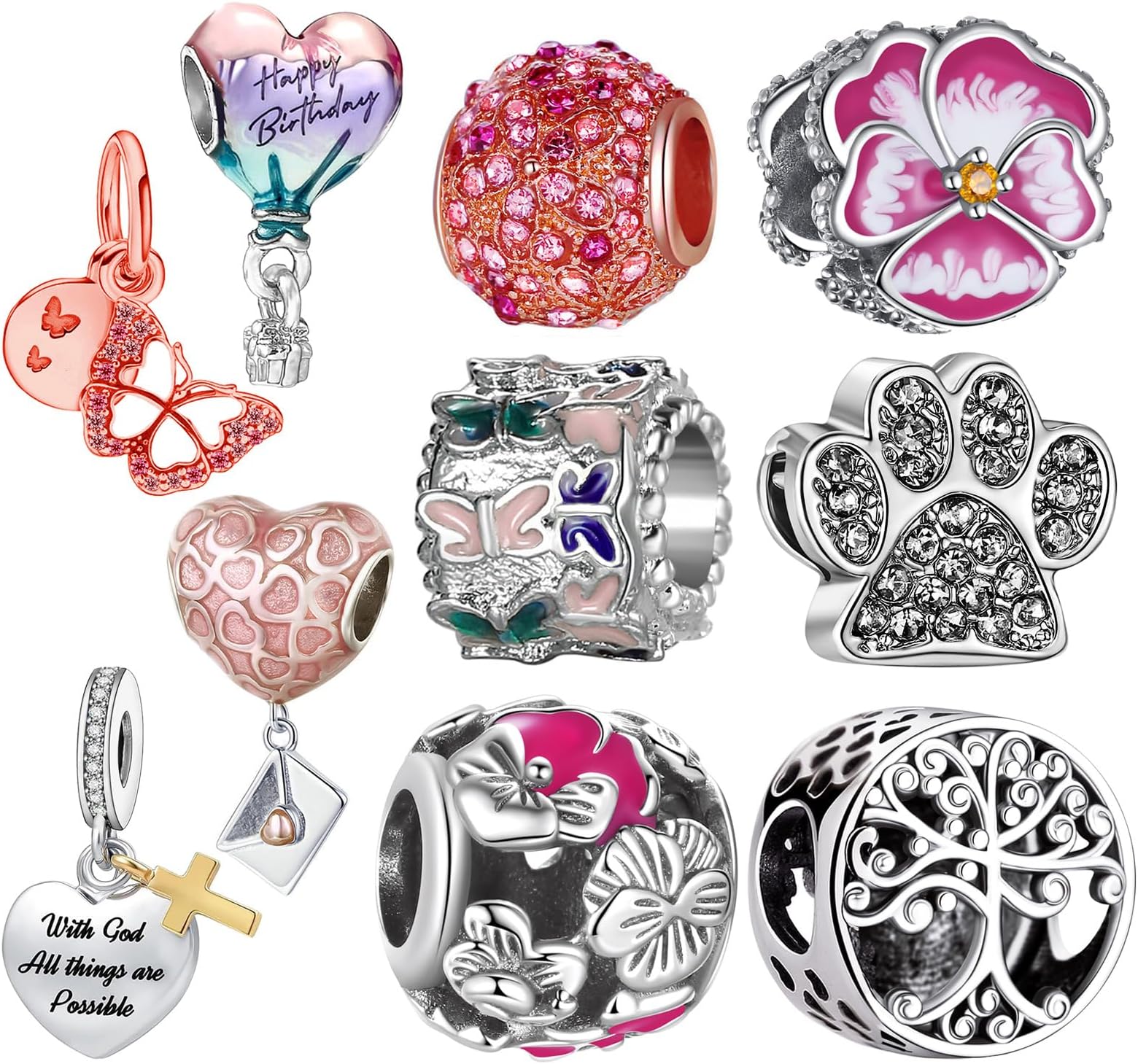 10 Pack Silver Bead Charms for Pandora Bracelets and Necklaces Charm for Woman