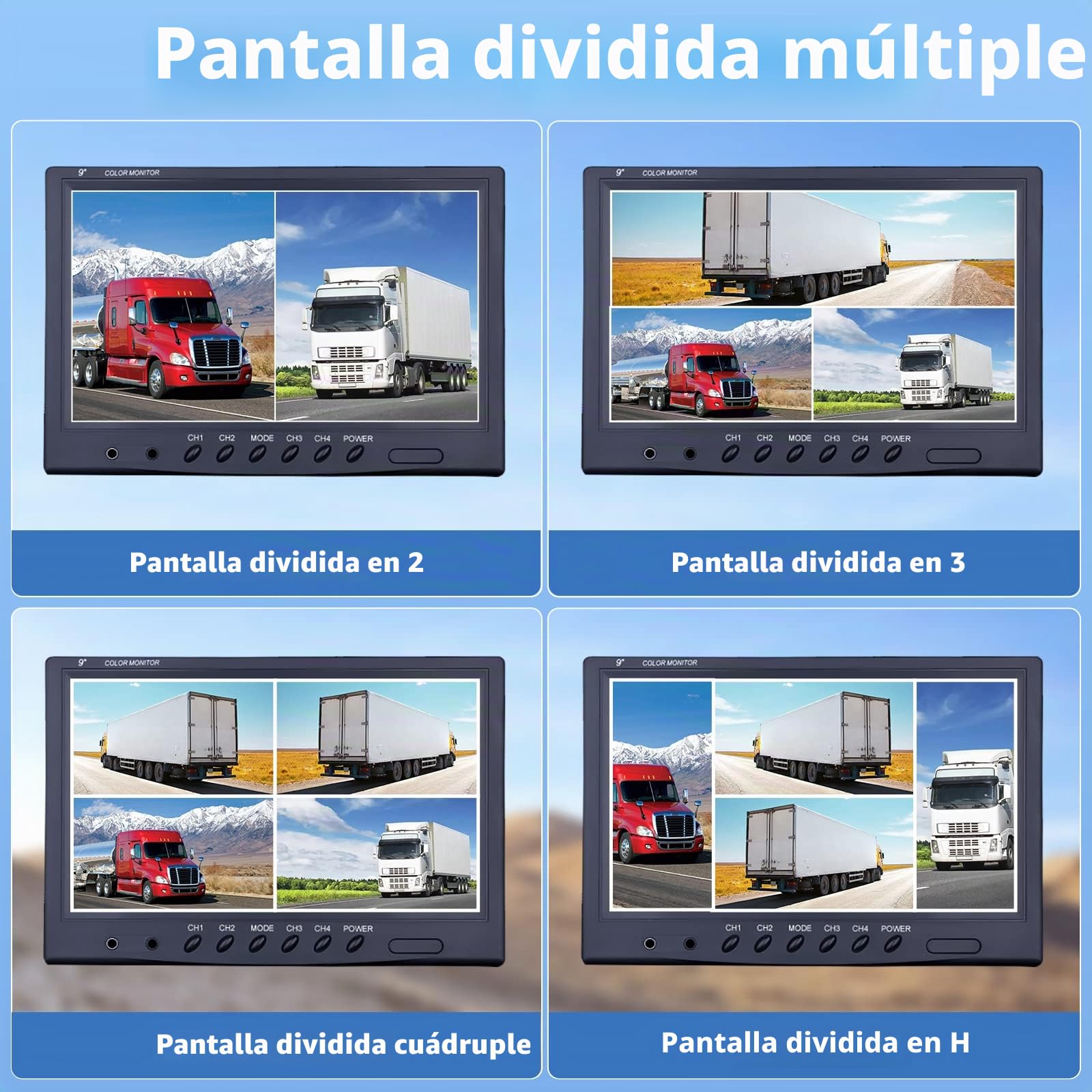 CAMECHO Camara Delantera/Trasera de Coche Kit, 9 Pulgadas 4 Divisiones, Camara Impermeable, 18 IR IP 68 Visión Nocturna con 2 x 33 pies y 2 x 65 pies para Camiones de Remolque