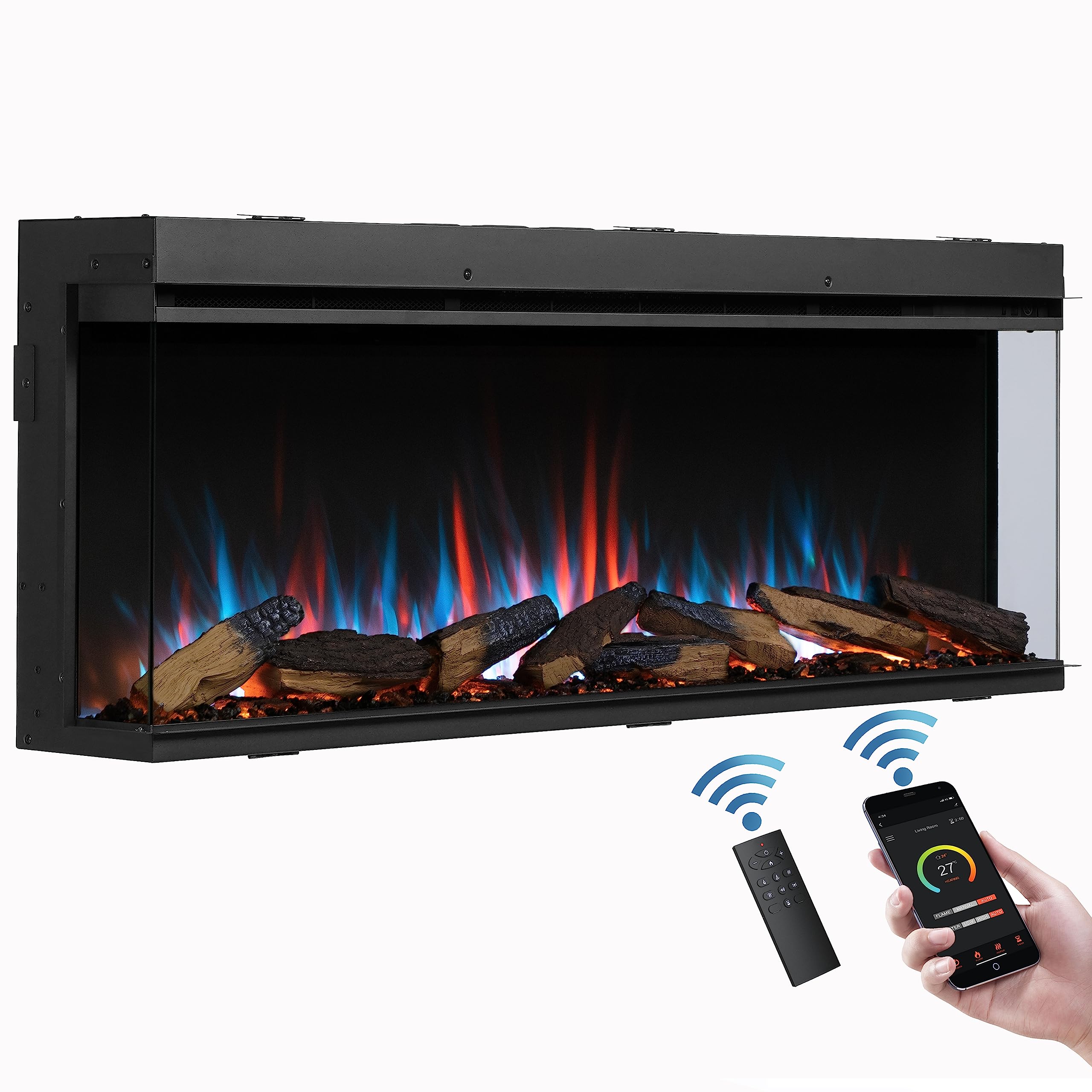 Flamme Black Knighton 130Cm/51" 3-Sided Electric Media Wall Fire, Recessed Tv Media Wall, Multiple Flame Colours, Sound Effects And App Control