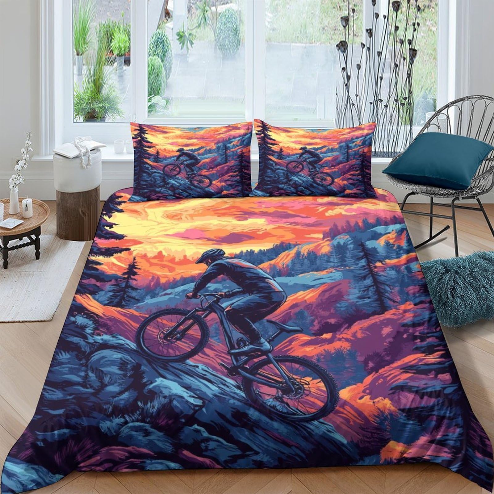 Ctjqhvkz Style-5 3D Printed Sunset Mountain Bike Fitted Sheet Microfiber Soft Breathable Forest Trail Mattress Cover For Bedroom Decor Single（135X200cm）