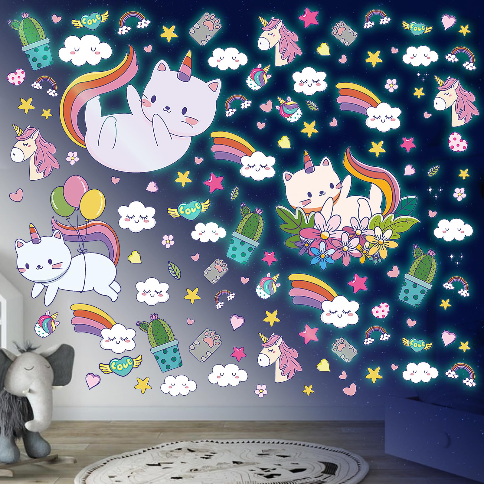 Leuchtsticker Kleiner Katze Wandtattoo Kinderzimmer Einhorn Regenbogen Leuchtsterne Selbstklebend Wandaufkleber Leuchtaufkleber Wandsticker Babyzimmer Schlafzimmer Wanddeko Geschenk für Mädchen, Grün