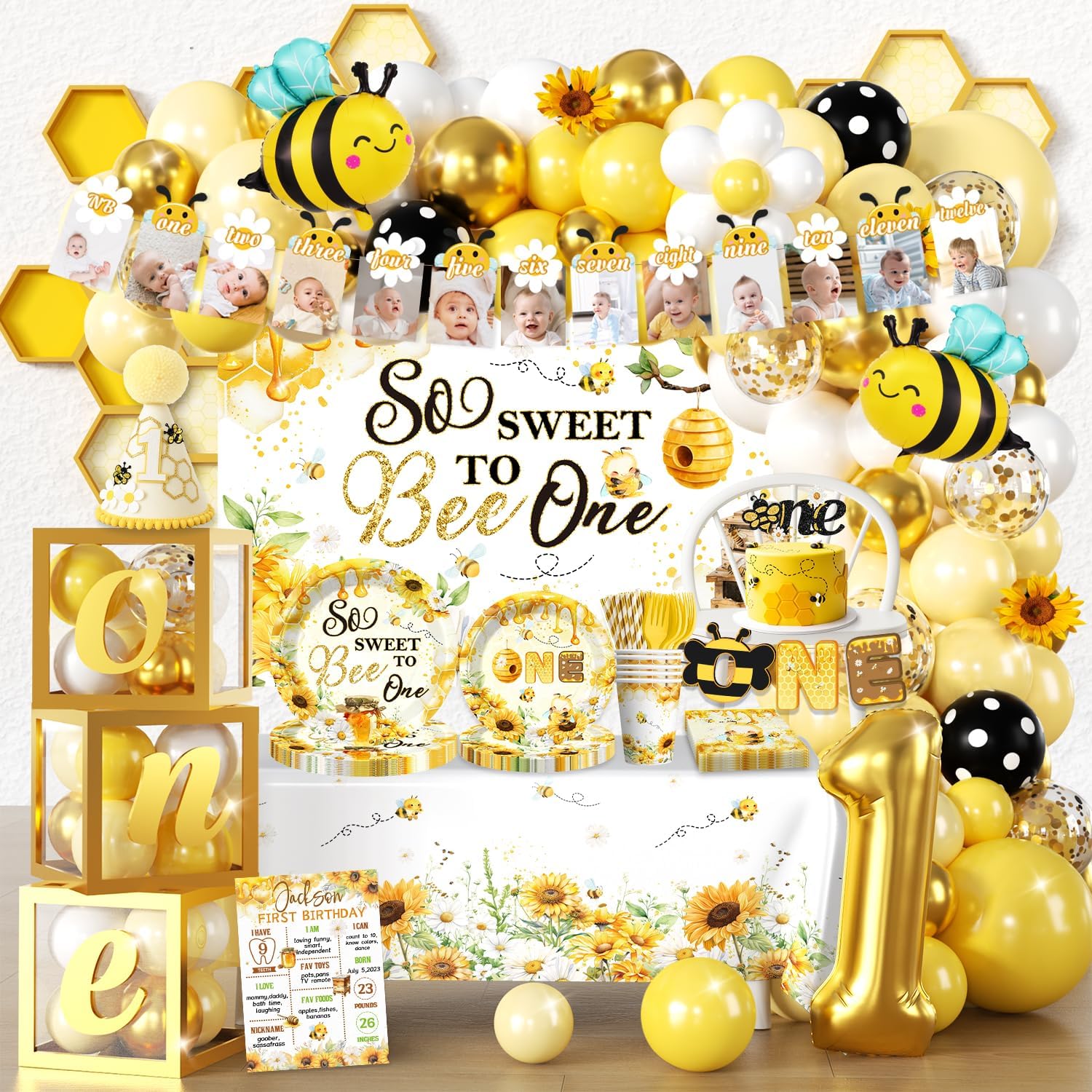 273 PCS First Bee Day Decorations Girl, All-in-One Bee 1st Birthday Party Decorations Set with Balloon Arch, Plates, Cups, Napkins, Tablecloth, Banner & Backdrop, Serves 25
