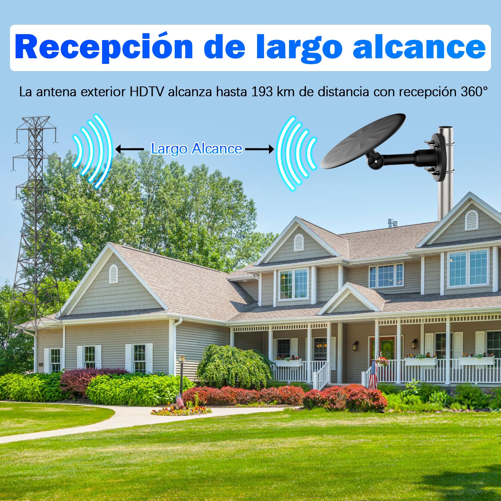 Antena TV Exterior para Smart TV – Antena TDT Digital HD 4K/1080P de Largo Alcance, Recepción Estable UHF/VHF, Compatible DVB-T2/DVB-T, Cable Coaxial 10 m, Resistente a la Intemperie