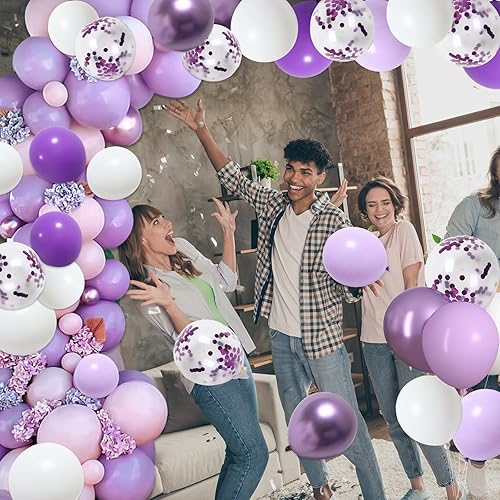 Miniatura 7 de RUBFAC 65 globos de color morado lavanda de 12 pulgadas, globos metálicos morados y confeti para el día de San Valentín, baby shower, cumpleaños de