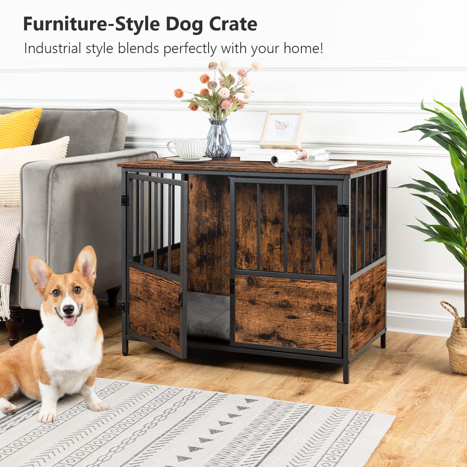 ALLOSWELL Wooden Dog Crate, 31.5" Dog Crate Furniture End Table, Decorative Dog Kennel with Double-Door, Heavy Duty Indoor Pet Crate, Easy Assembly, for Small/Medium Dogs, Rustic Brown DCHR0501G2