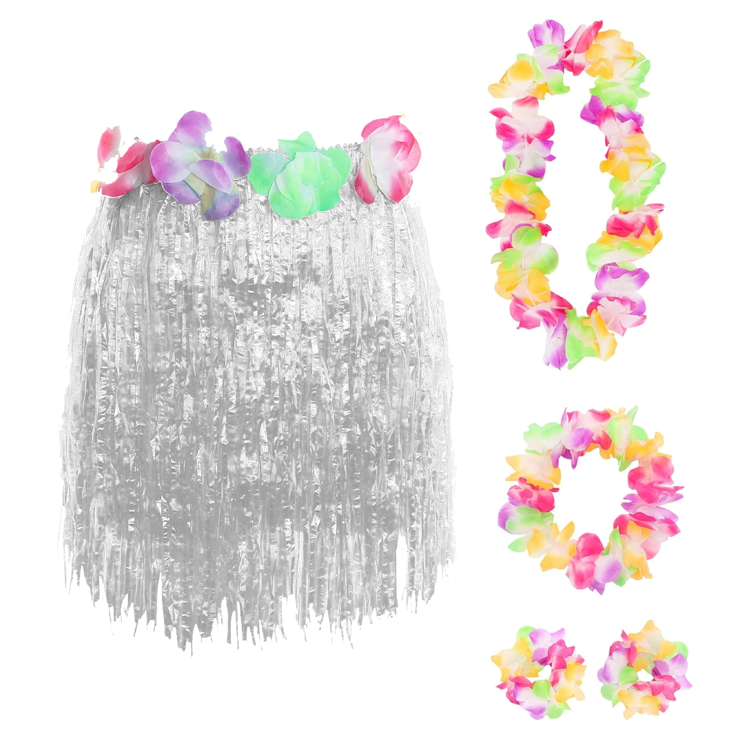 13 Piece Hawaiian Hula Girl White Skirt and Lei Necklace Set Fancy Dress Costume