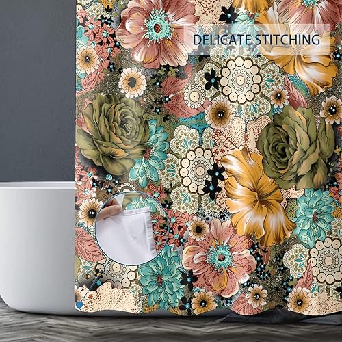 Miniatura 4 de Cortina de ducha con diseño floral bohemio, elegante y bohemio, cortina de ducha de tela impermeable con 12 ganchos, 72 x 72 pulgadas