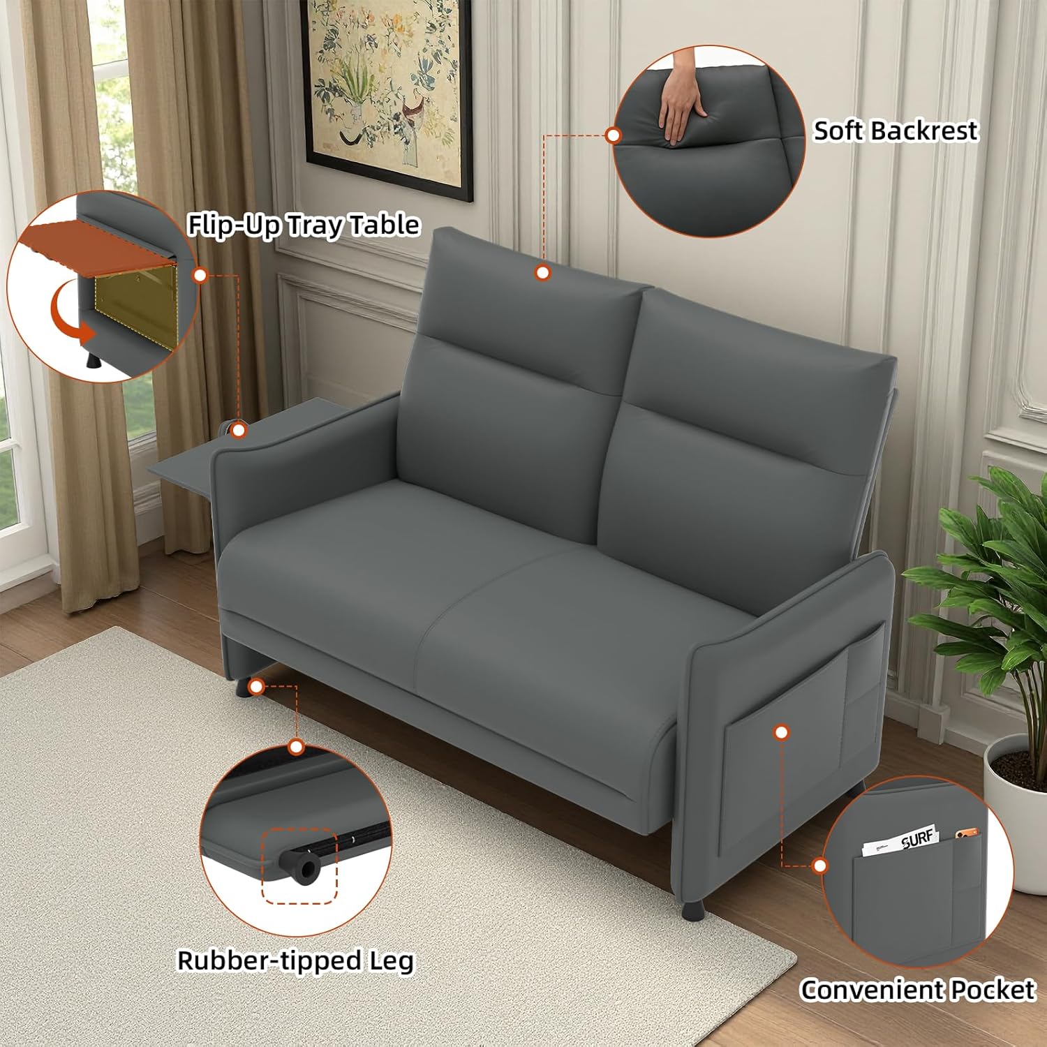 Faux Leather Small Loveseat Sofa, Small Sofa 2 Seater Couch with Flip Up Tray Table Side Pockets Elastic Cushion Perfect Loveseat Couch for Bedroom Living Room or Office, Gray