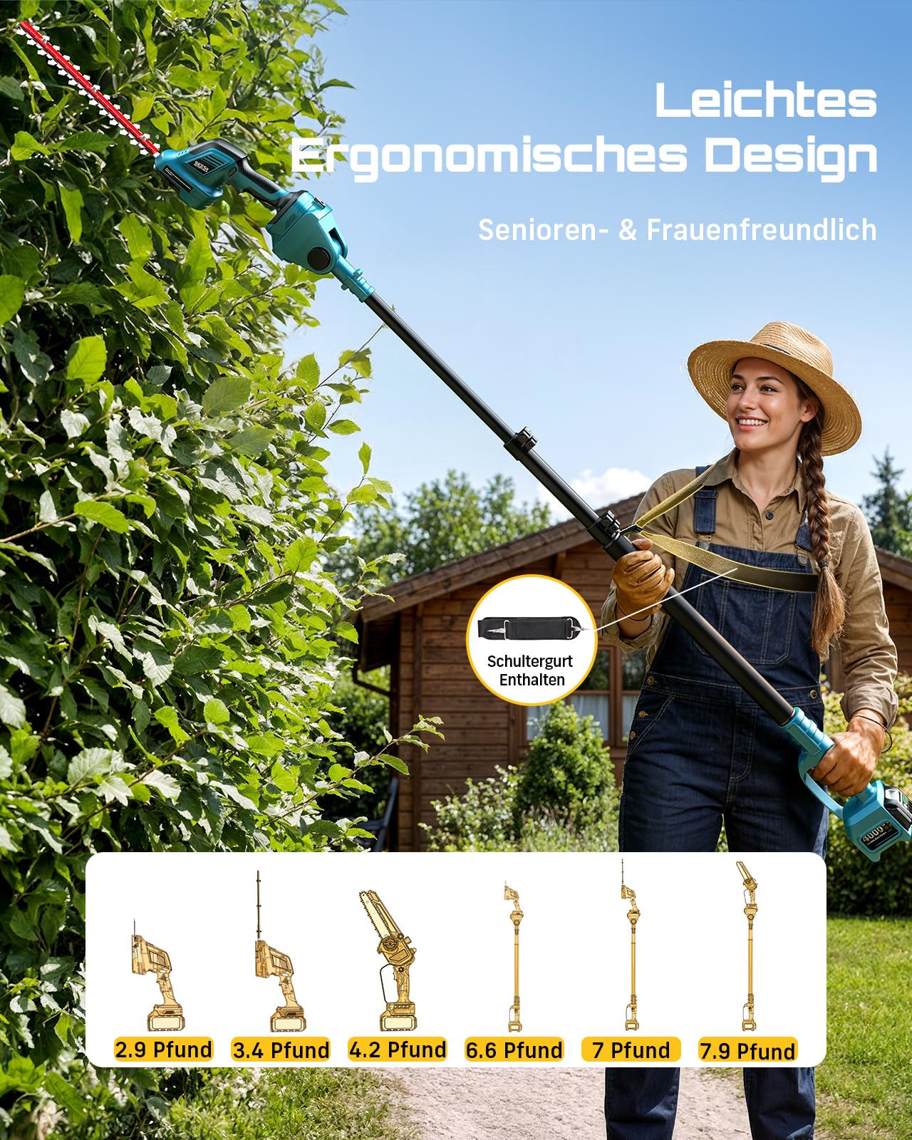 SEESII 6-in-1 Mini Kettensäge & Akku Heckenschere Set, Hochentaster mit 2 * 4000mAh Akkus, Maximale Reichweite bis zu 4,57m, Geeignet für Gartenpflege und zum Holzfällen