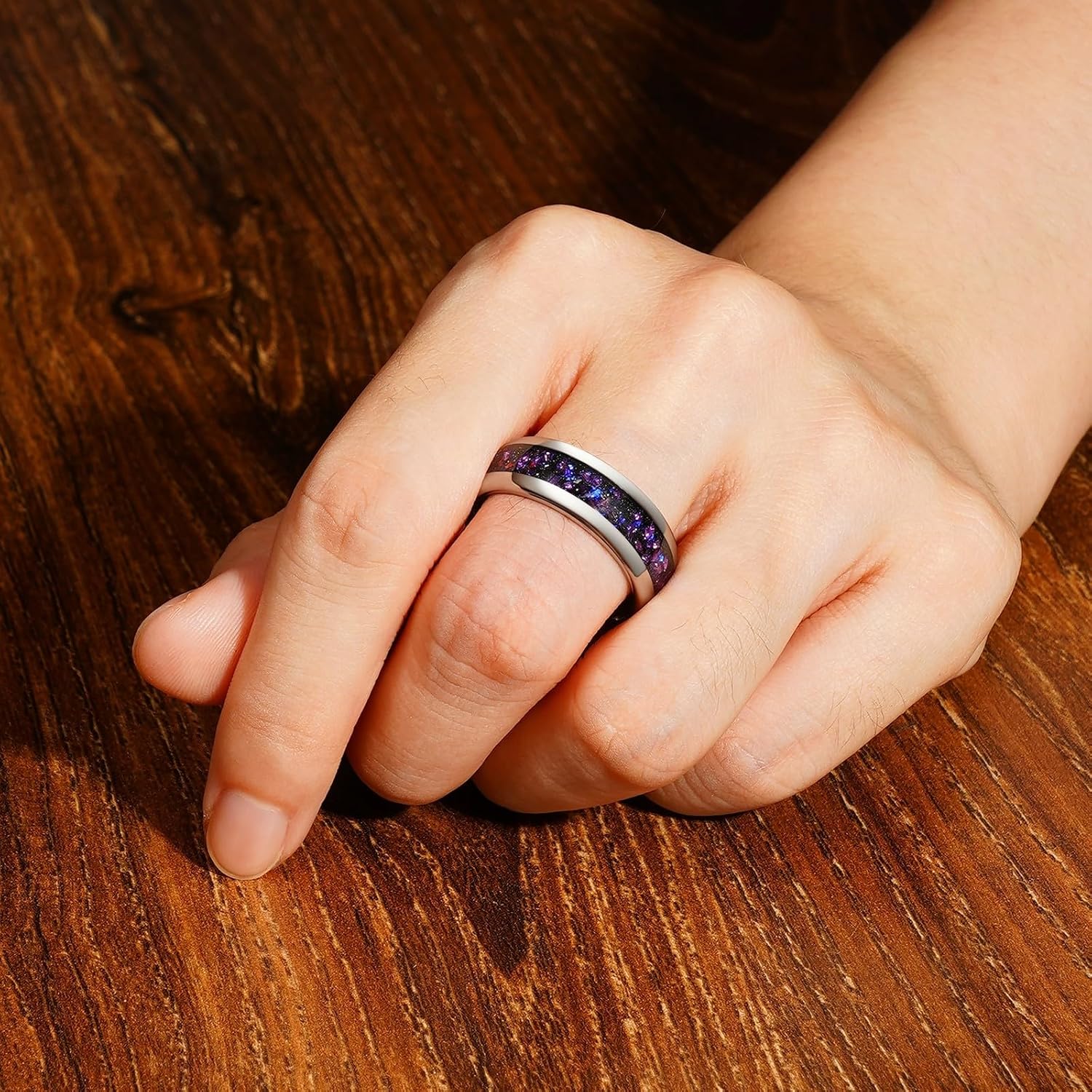 Purple Amethyst Outer Space Galaxy Look Tungsten Carbide Ring, Matching Nebula Black Silver 8/4mm Wedding Band for Man Woman, Anniversary Birthday Christmas Gift