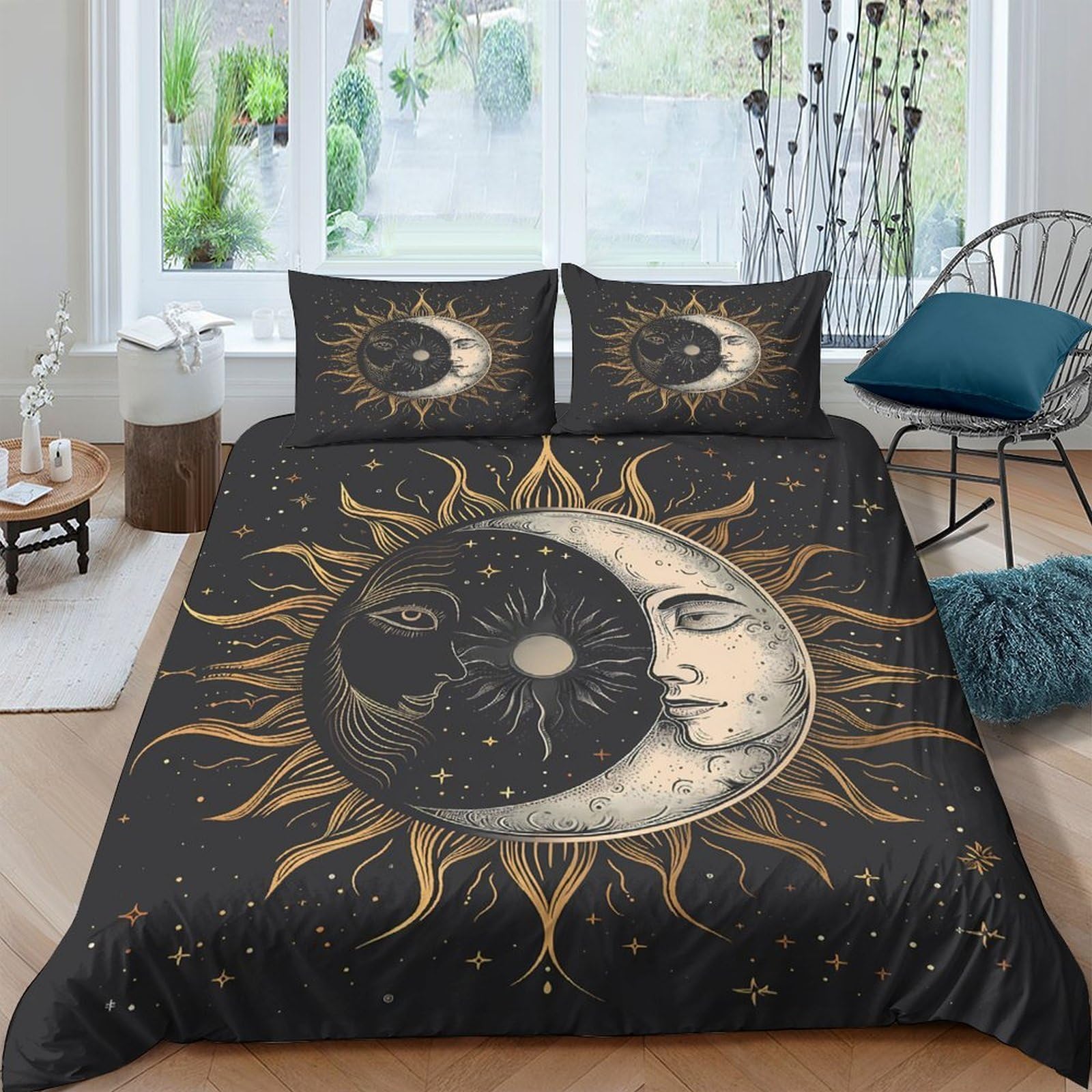 GPLZQXKJNH 3D Printed Sun Moon Yin Yang Duvet Cover Microfiber Soft Breathable Celestial Bedding Set with 2 Pillowcases for Bedroom Decor Single（135x200cm）