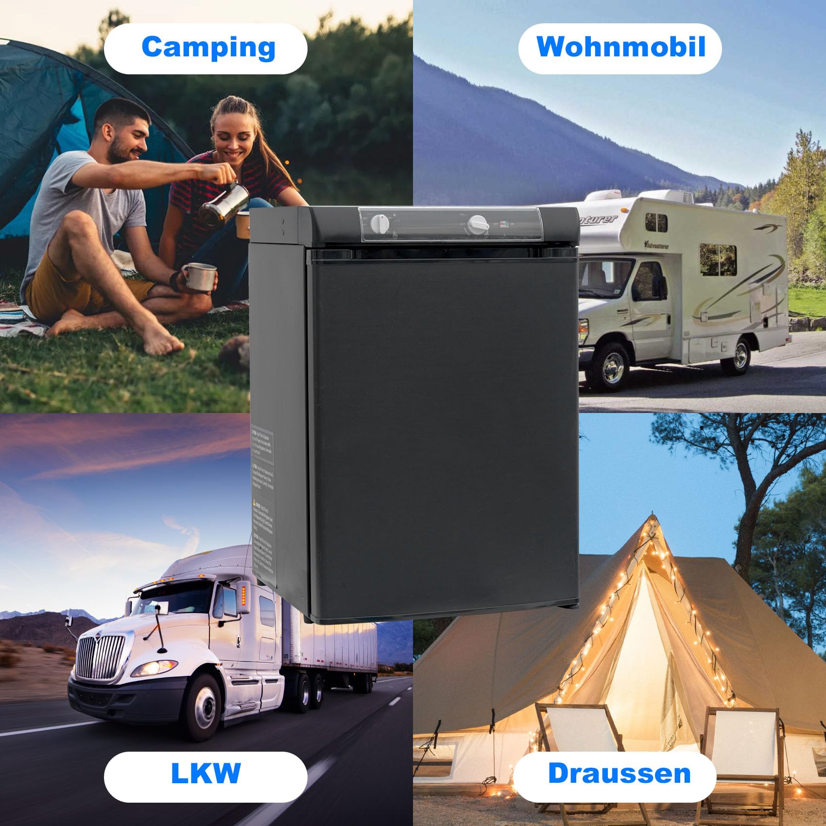 Gas Kühlschrank 60L, Camping Kühlschrank Gas 12V 230V, Wohnmobil Kühlschränk, Absorber Kühlschränk Gäs für Haus, Outdoor, Camping, Schwarz