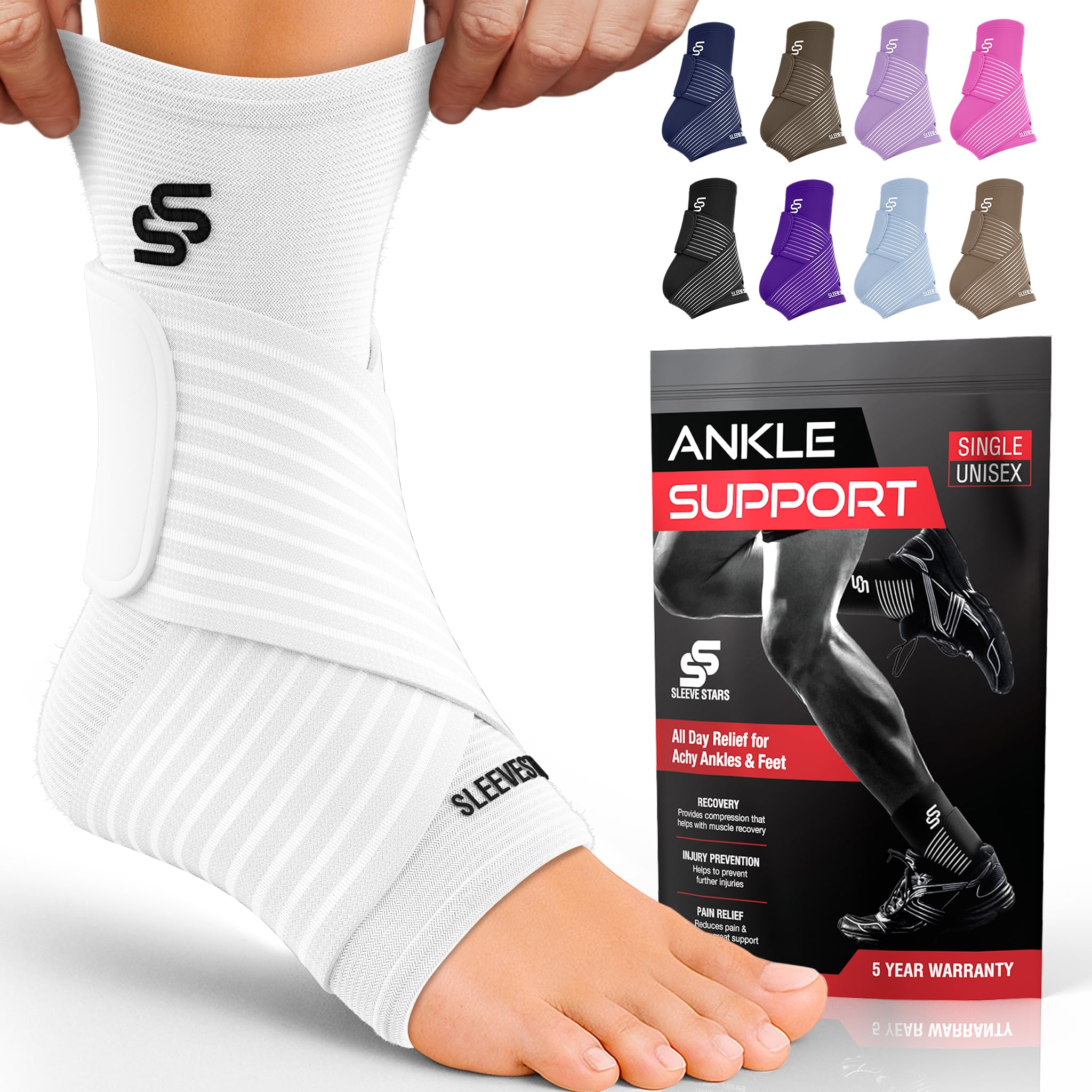 Sleeve Stars Ankle Brace for Women & Men, Ankle Wrap for Sprain, Compression Sleeve for Plantar Fasciitis Relief, Easy Customizable Support: w/Removable Strap (Single/M:10"-12"/White)
