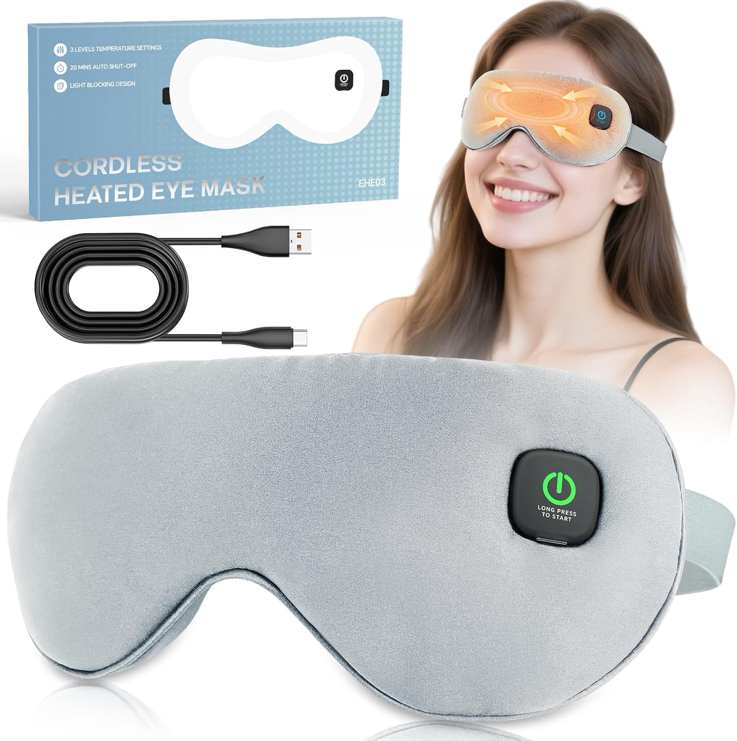 Cordless Heated Eye Mask for Dry Eyes Relief, with 3 Heat Settings, Washable Eye Cover, Warm Heating Pad for Stye Eye Treatment & Travel Use