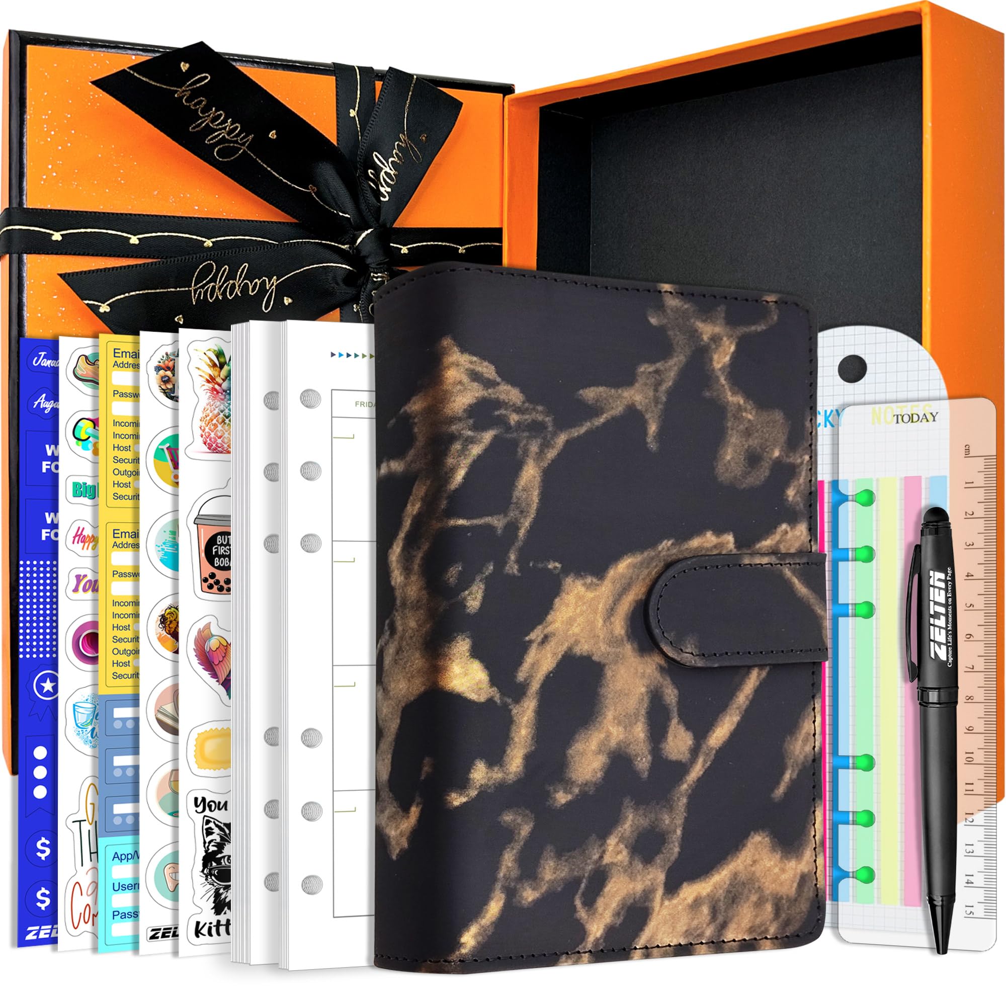PU Leather Personal Notebook Planner with 67 Pages Loose-Leaf Papers 6 Holes Ring Binder Pen Holder Magnetic Buckle (Black Marble,A6 Gift Box)