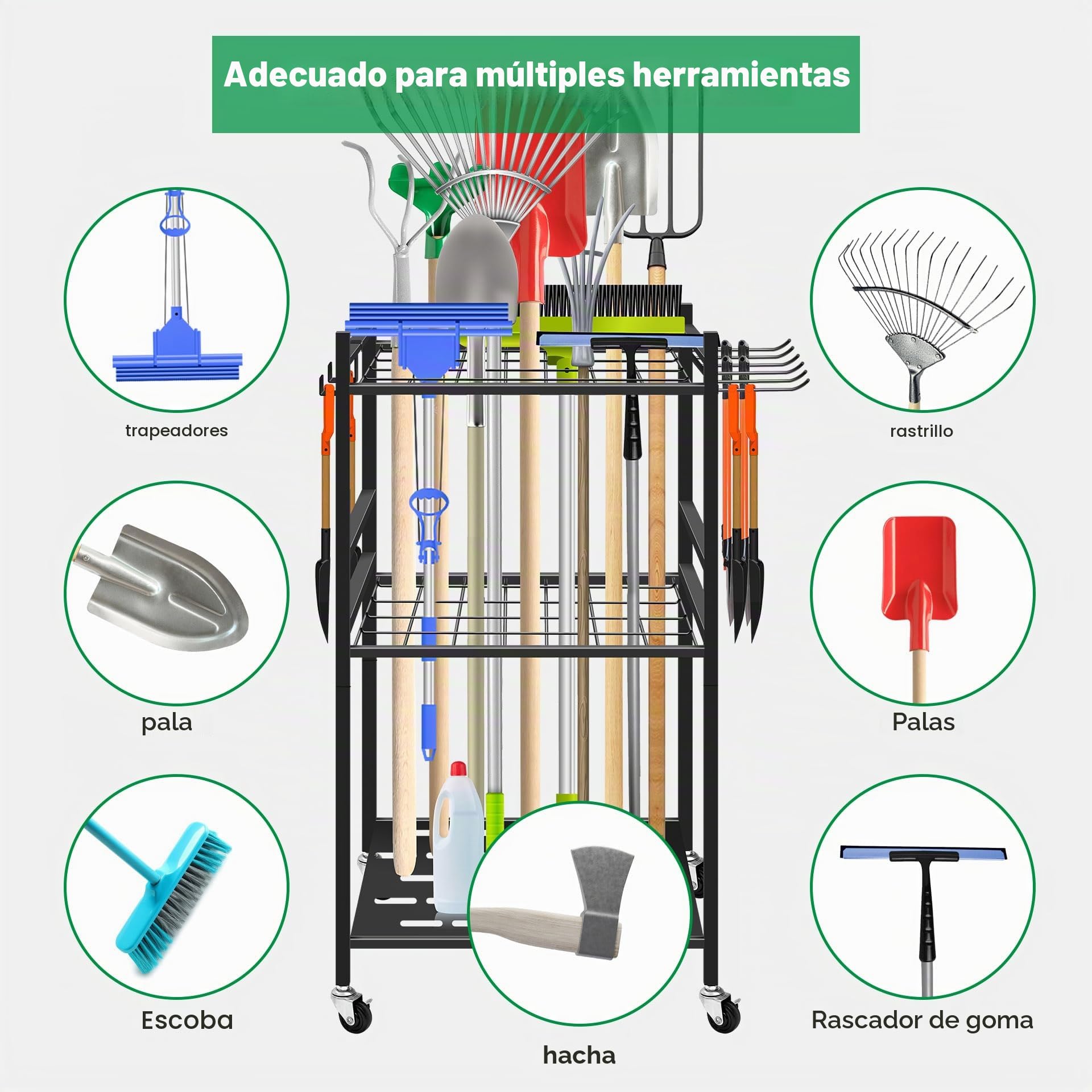 Mimoke Estante para herramientas de jardín con ganchos móviles y ruedas con cerradura: fácil almacenamiento de accesorios para herramientas en jardín, garajes y mucho más gracias a las ruedas