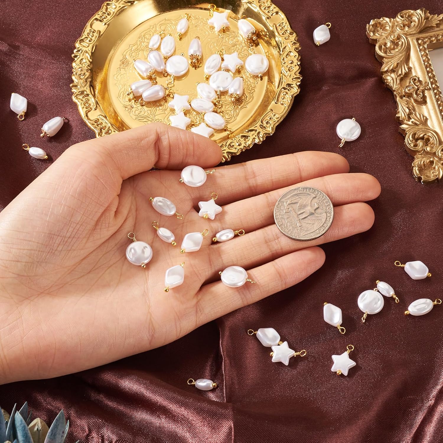 Cheriswelry 48pcs Pearl Pendants Star Flat Round Oval Rhombus Dangle Pearl Charms Real 18K Gold Plated Plastics Pendant 13.5~16mm for DIY Craft Earring Bracelet Necklace Jewelry Making - Image 5