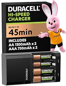 Duracell Cargador de batería recargables CEF27 de carga super rápida en 45 minutos, incluye 2 AA + 2 AAA