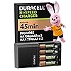 DURACELL Hi-Speed Battery Charger, 45 minutes, Compatible with AA and AAA NiMh Batteries, 2x AA 1300mAh and 2x AAA 750 mAh, Rechargeable Batteries Included