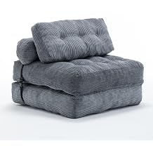 anwickjeff Folding Sofa Bed, Convertible Sleeper Chair with Pillow, Fold Out Chair Bed Comfy Floor Sofa for Living Room Bedroom, Beige, Single Dark Grey