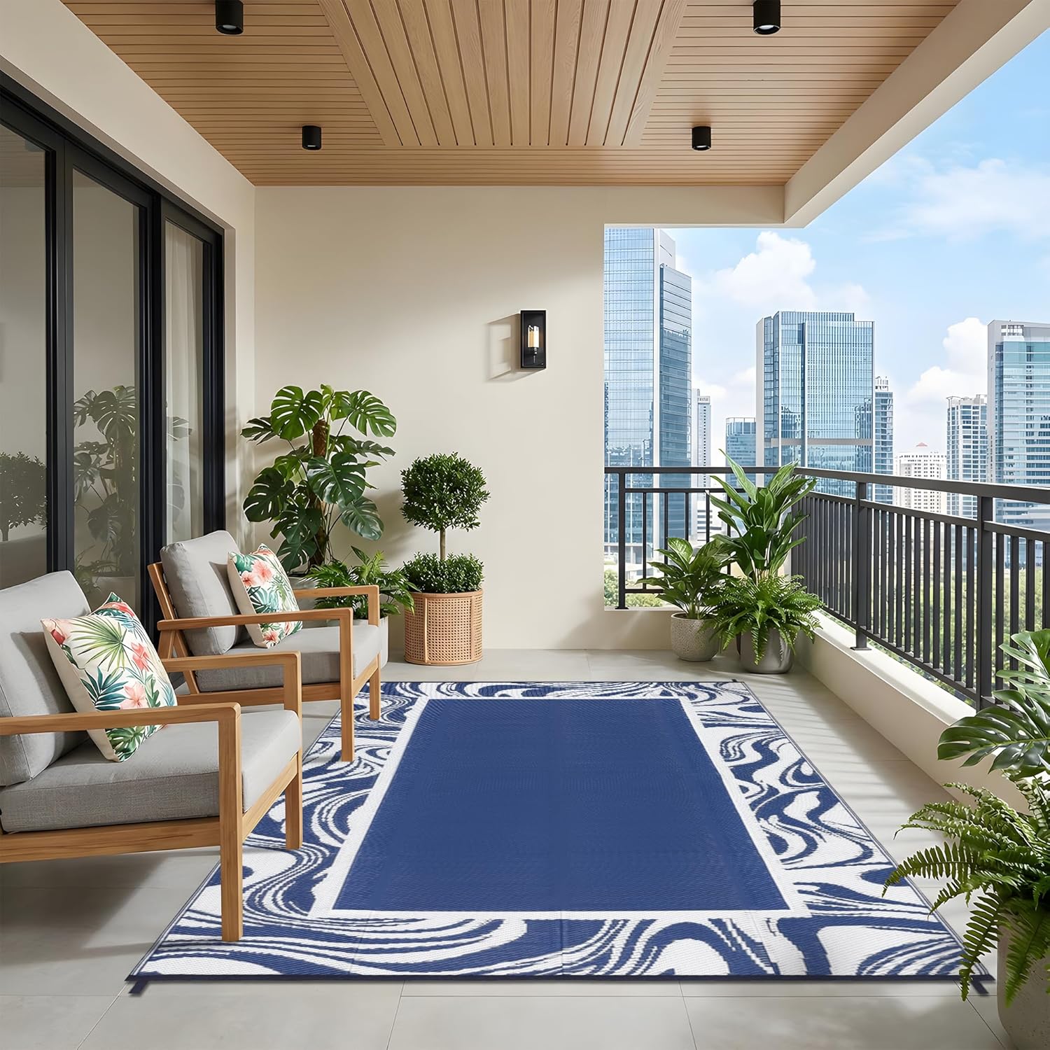 Garvee Outdoor Rug 5x8 Modern Bordered Patio Rug Foldable Plastic Straw Rugs Waterproof Abstract Reversible Large Outdoor Carpet for Patio, RV, Deck, Balcony, Backyard, Picnic, Beach, Clover,Navy