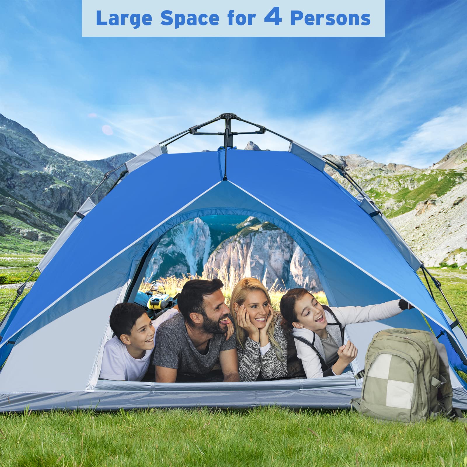 Tangkula 4 Person Pop up Camping Tent, 2-in-1 Portable Backpacking Tent with Removable Rainfly, Carry Bag, 2 Mesh Windows, 2 Doors, Family Dome Tent for Camping Hiking Mountaineering